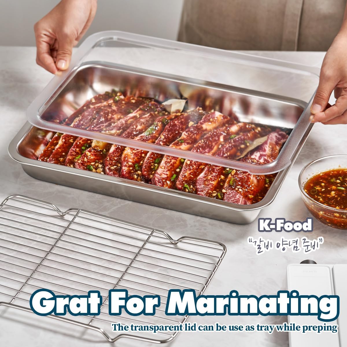 Stainless Steel Food Prep Container Set with Rack & Transparent Lid, Casserole, Bake Pan, Buffet Party Pans, Hotel Pan, For Oven Roasting/For Deep Frying Prep/Marination(No.4)