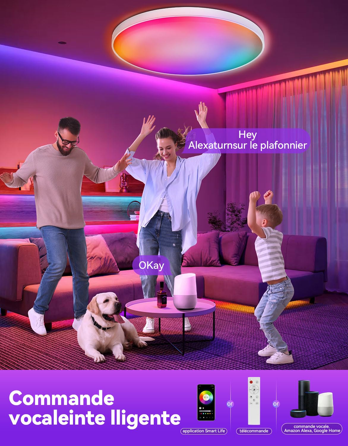led plafonnier connecté compatible Alexa 30W plafonnier led chambre 16 millions couleurs plafonnier led dimmable , lampe connectée alexa Couleurs DIY 2700K-6500K Contrôle APP salon, coucher, cuisine