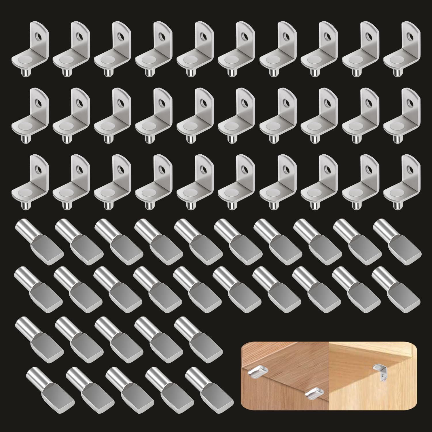 60Pcs Cabinet Shelf Pegs, 5mm (1/5 inch) Shelf Support Pegs for Shelves, Shelf Brackets Pins Holders Pegs, Nickel Plated Shelf Clips for Shelving Kitchen Cupboard Bookshelf Furniture Closet Shelf Peg