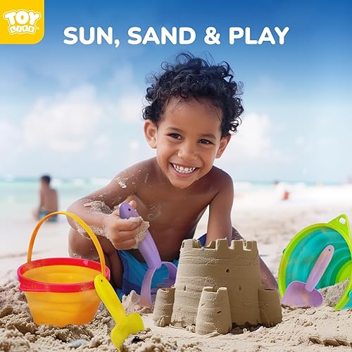 Vista 4 de TOY Life Juego de 9 cubos de arena con 3 cubos de playa plegables, 3 palas y 3 rastrillos, juguetes de playa para niños pequeños de 4 a 8 años