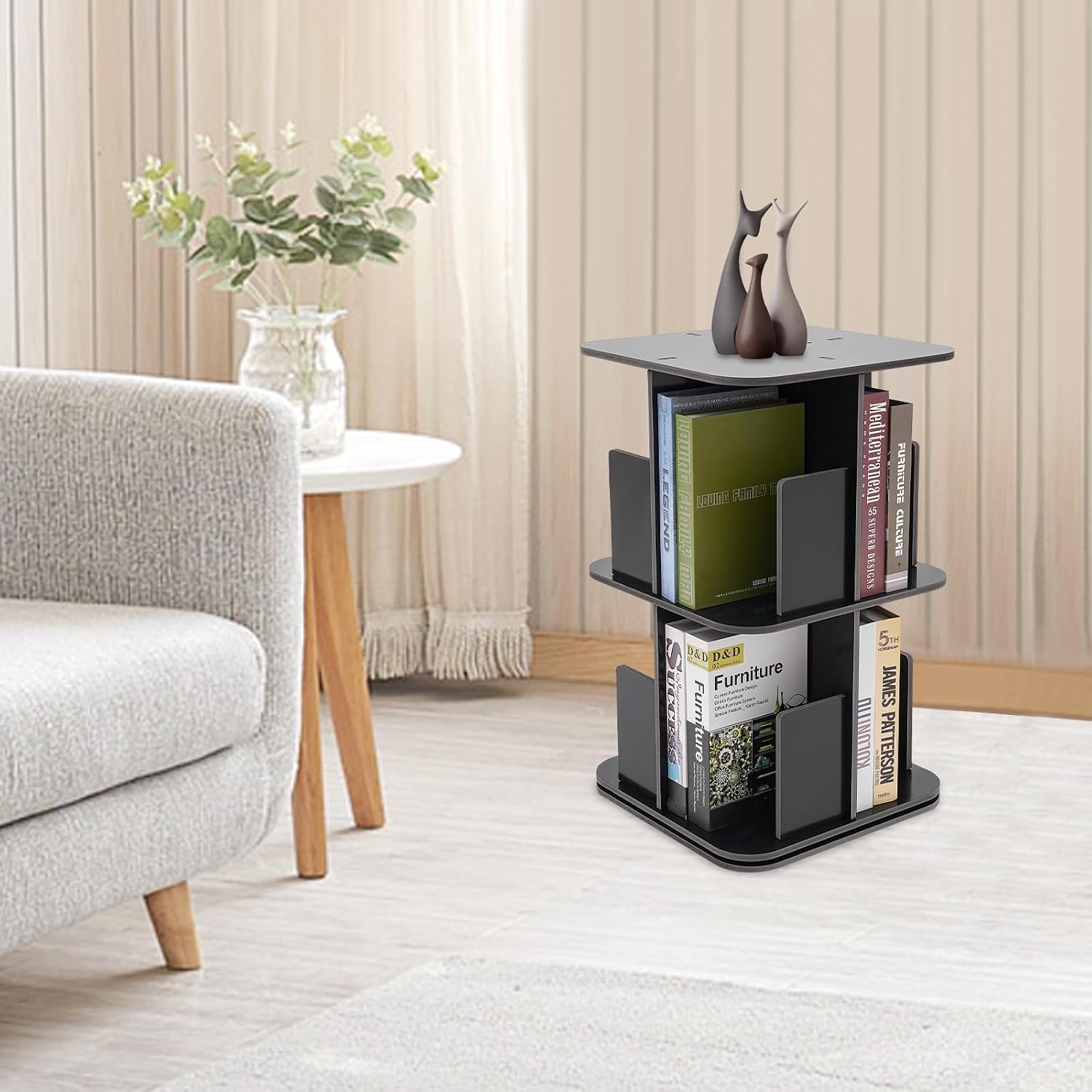 2 Tier Rotating Bookshelf 360 Display Round Floor Standing Revolving Bookcase Storage Rack Book Shelf Organizer for Small Space Bedroom Living Room Black