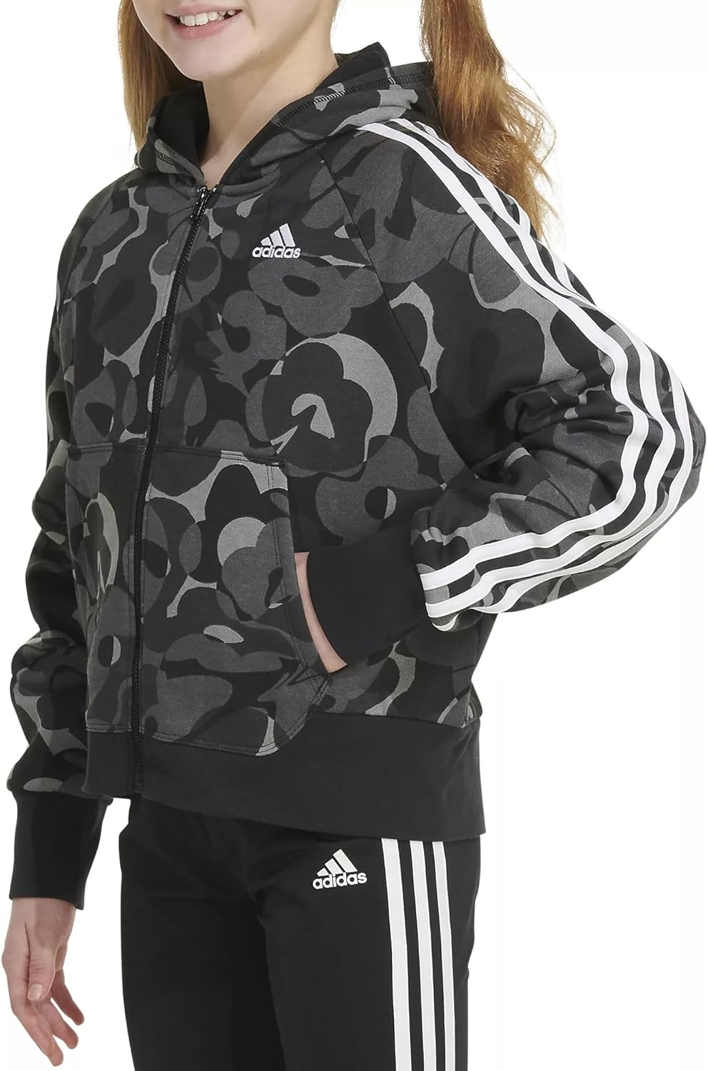 adidas Girls' Zip-Front Essential 3-Stripe Hooded Fleece Jacket