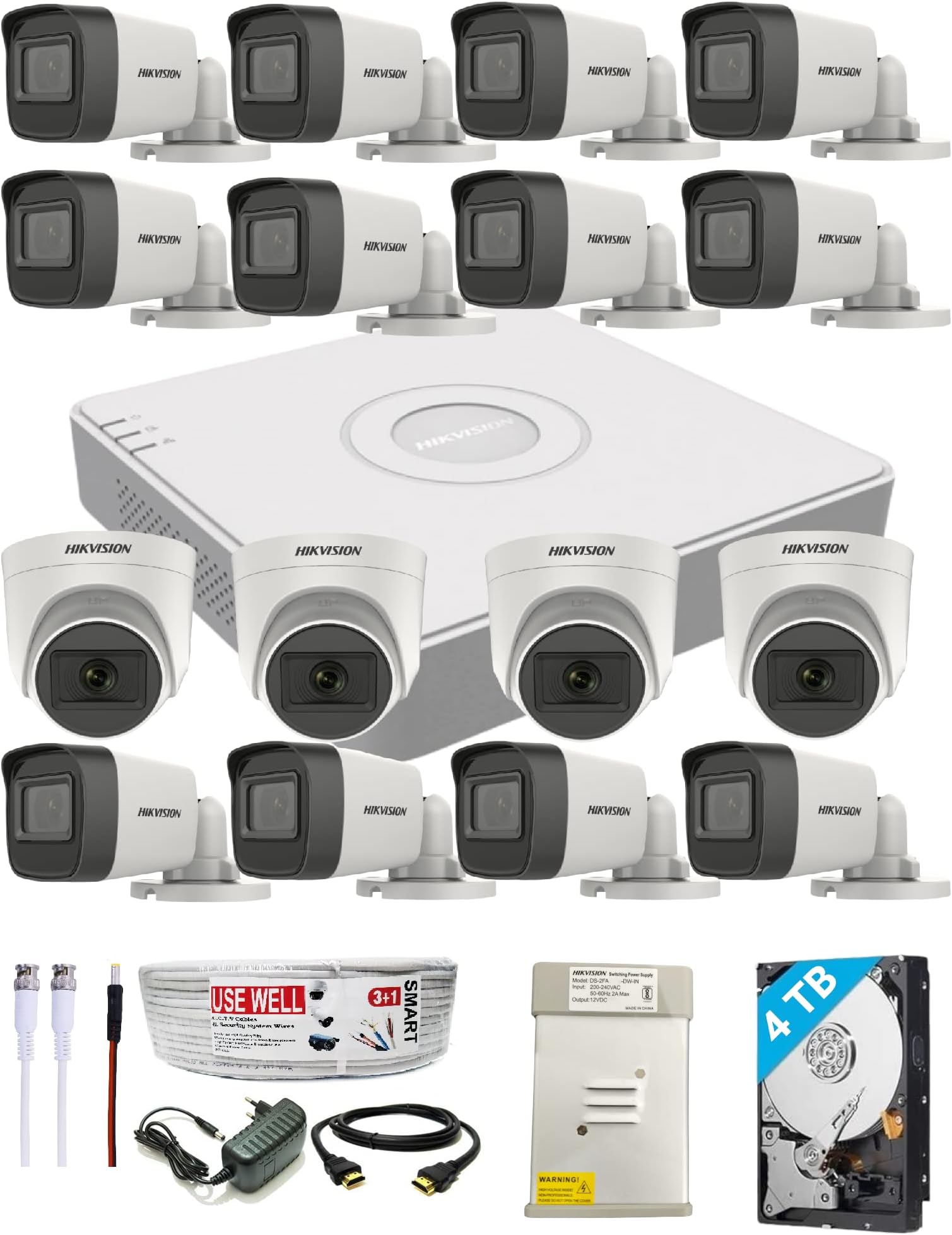 16 Channel DVR with 5 MP 12 Bullet & 4 Dome Cameras with Audio Recording + 4 TB HDD + (3+1) Cable roll + 16 CH Power Supply + USEWELL BNC & DC Full Combo Kit