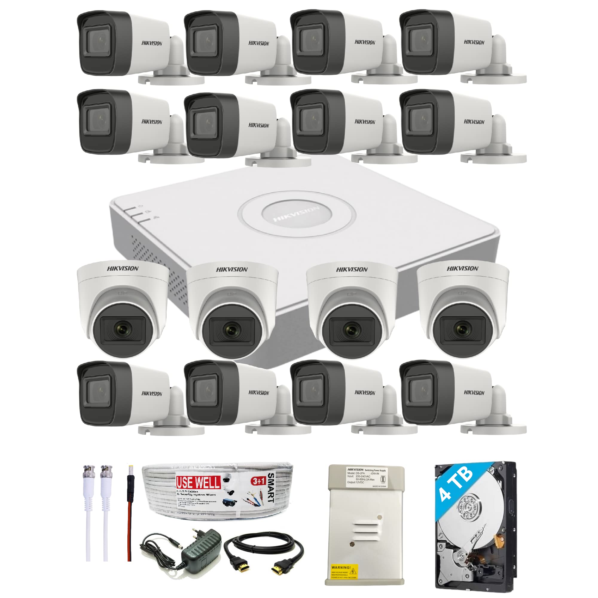 HIKVISION 16 Channel DVR with 5 MP 12 Bullet & 4 Dome Cameras with Audio Recording + 4 TB HDD + (3+1) Cable roll + 16 CH Power Supply + USEWELL BNC & DC Full Combo Kit