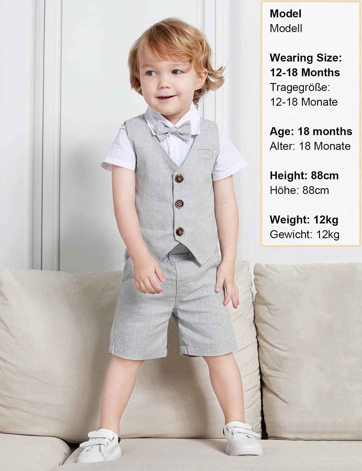 mintgreen Baby 3St Gentleman Outfit, Fischgrätenmuster Hochzeit Taufkleidung Hemd & Weste & Shorts, 1–6 Jahre