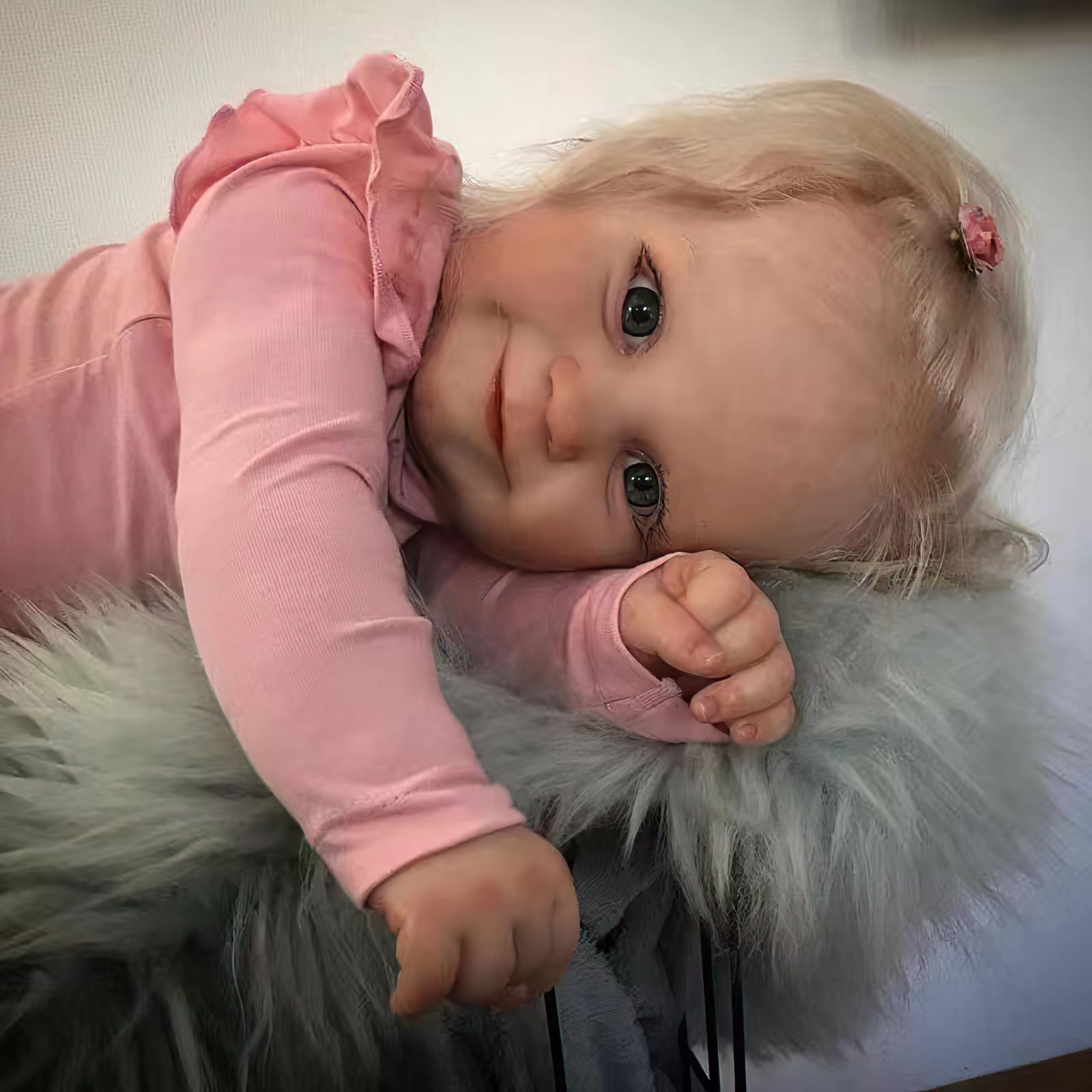 MineeQu Bambole Reborn - Bambola Ricomposta 20 Pollici, Bambina Sorridente, Vinile Totale, Capelli Blondi Radicati, Outfit Rosa