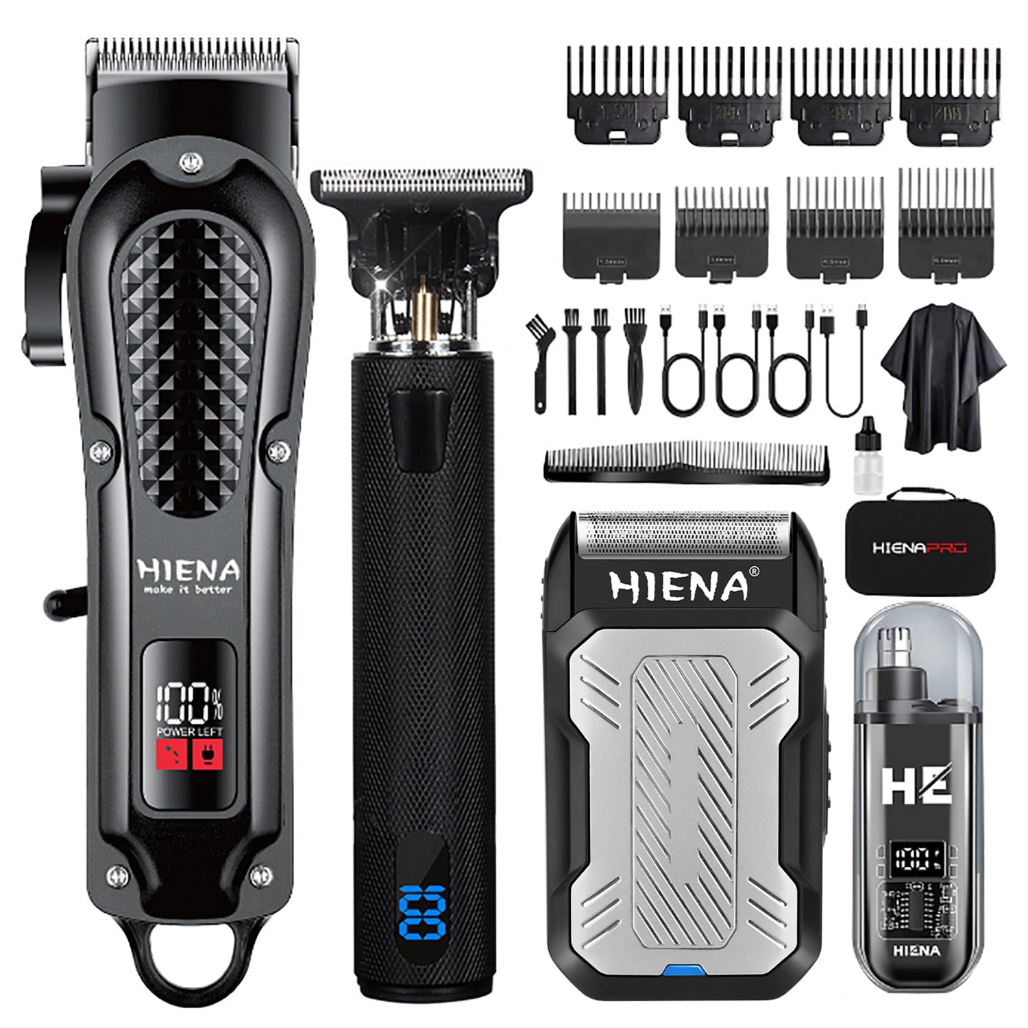 HIENA PRO Professional Cordless Hair Clippers for Men, T-Blade Beard Trimmer & Foil Shaver & Nose Hair Trimmer Set, Barber Clipper Hair Cutting Grooming Kit