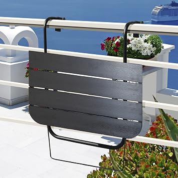 Balcony Table Hanging Deck Railing Table Outdoor Balcony Bar Tables for Railings Aluminium Folding Adjustable for Patio Deck Garden Baluster Windows 23.6 x 15.7, All Weather Space Saving Black