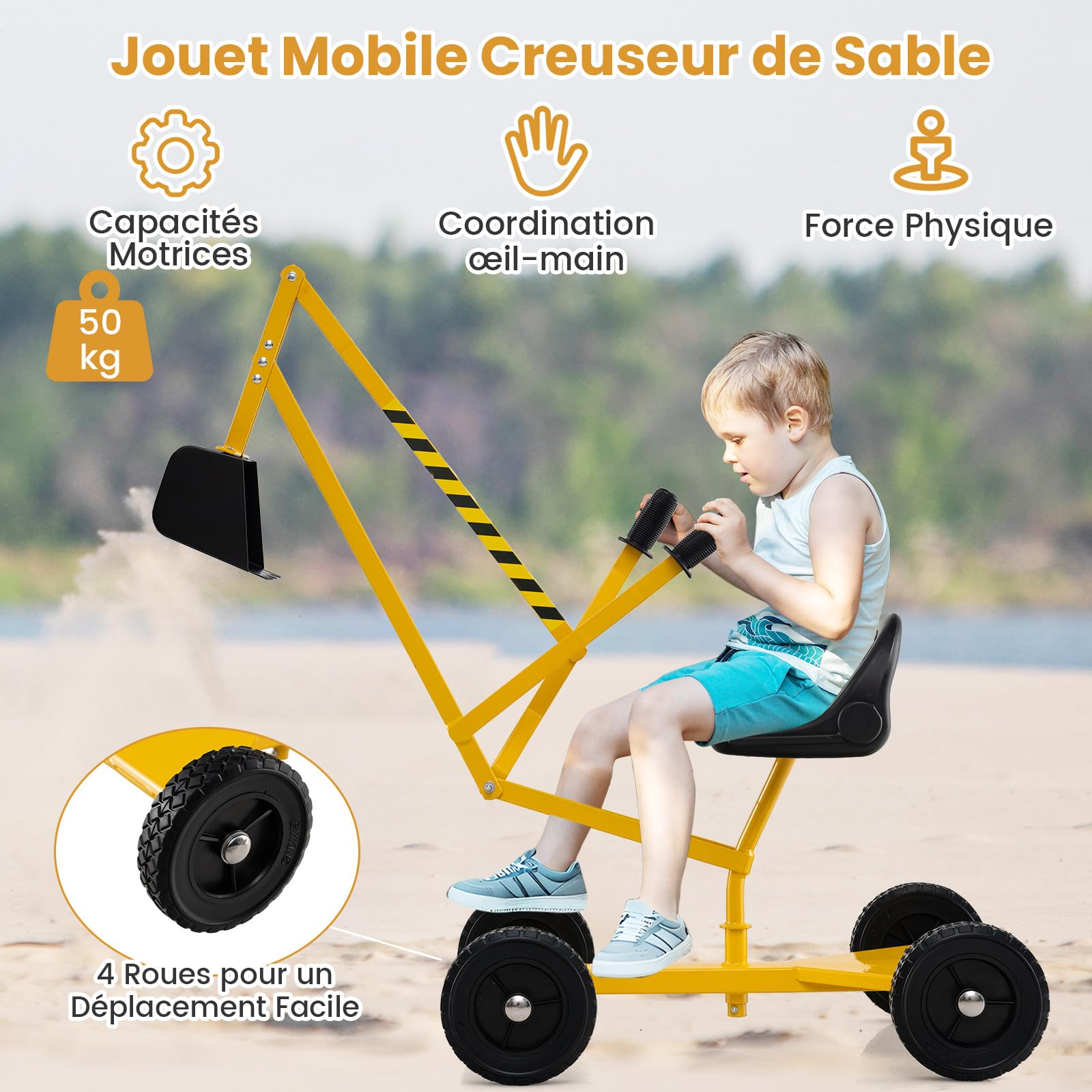COSTWAY Pelleteuse Enfant avec Siège Pivotant à 360°& Pelle, Tractopelle pour Bac à Sable avec Cadre Métal & 4 Roues, Jouet Pelleteuse Excavatrice Manuelle pour Sable Terre Neige, 3 Ans+