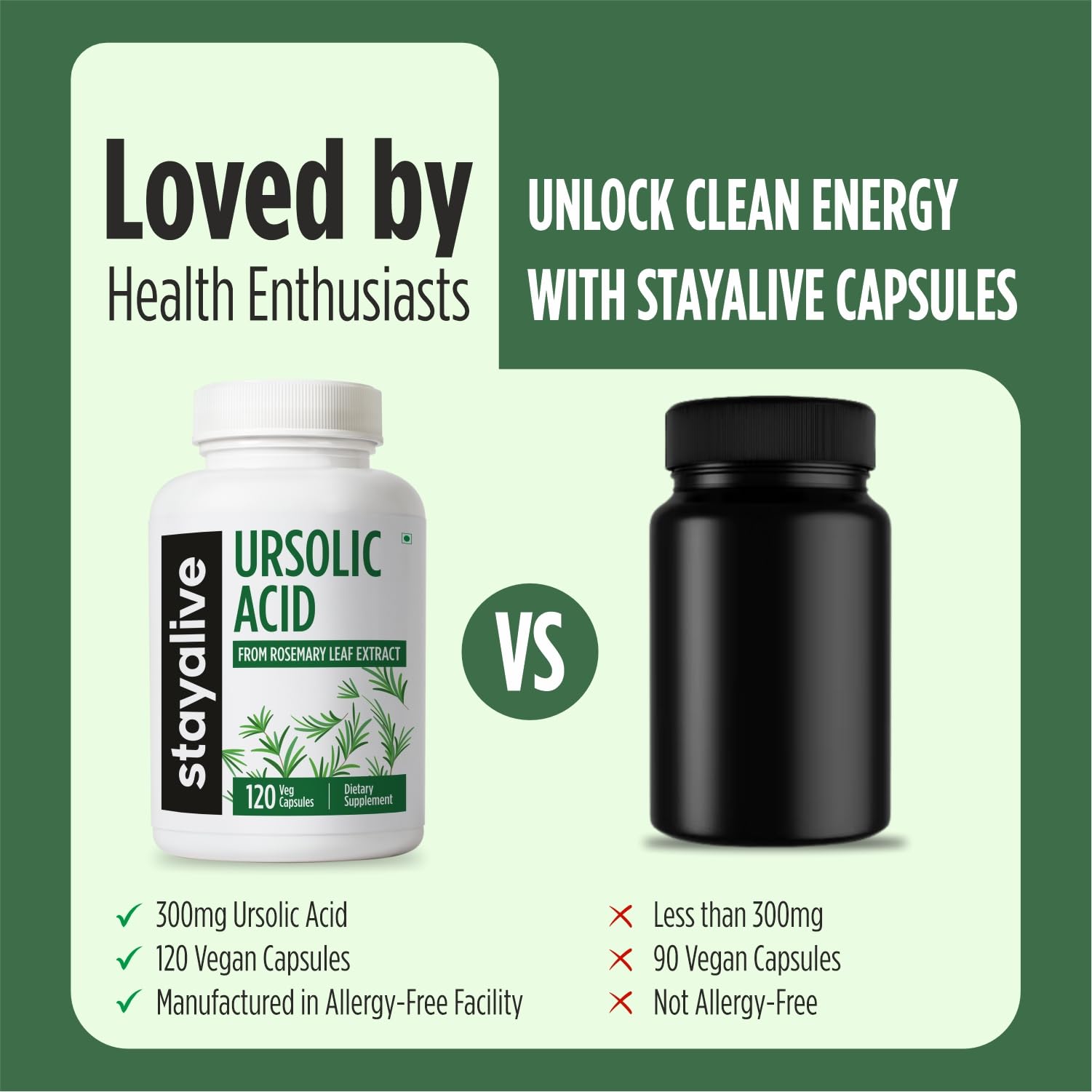 STAY ALIVE Ursolic Acid Supplement for Men & Women 300mg, 120 Pills, Rosemary Leaf Extract Powder, Non-GMO and Gluten-Free Pure Ursolic Acid Capsules 2