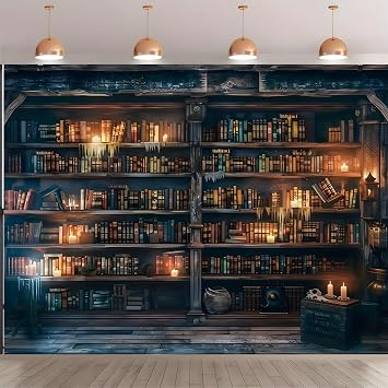 9x6FT Restore Ancient Ways Wizard School Photography Backdrop Magic Bookshelf Magic Bookcase Photo Background Polyester Retro Library Bookcase Party Props Banner Decoration