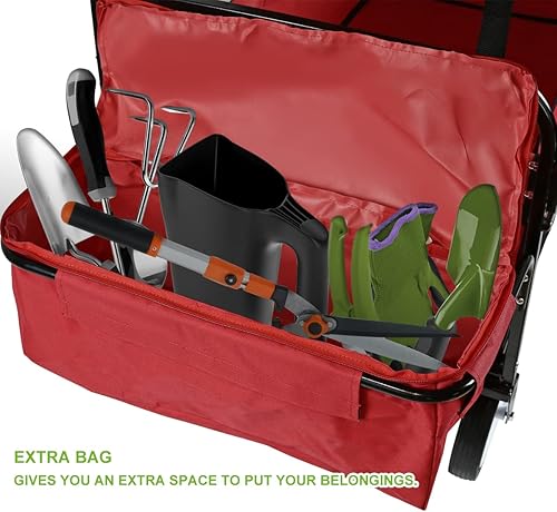 Miniatura 5 de Geniqua Carro plegable rojo con toldo para playa, jardín, deportes al aire libre, ruedas con asa ajustable, almacenamiento trasero