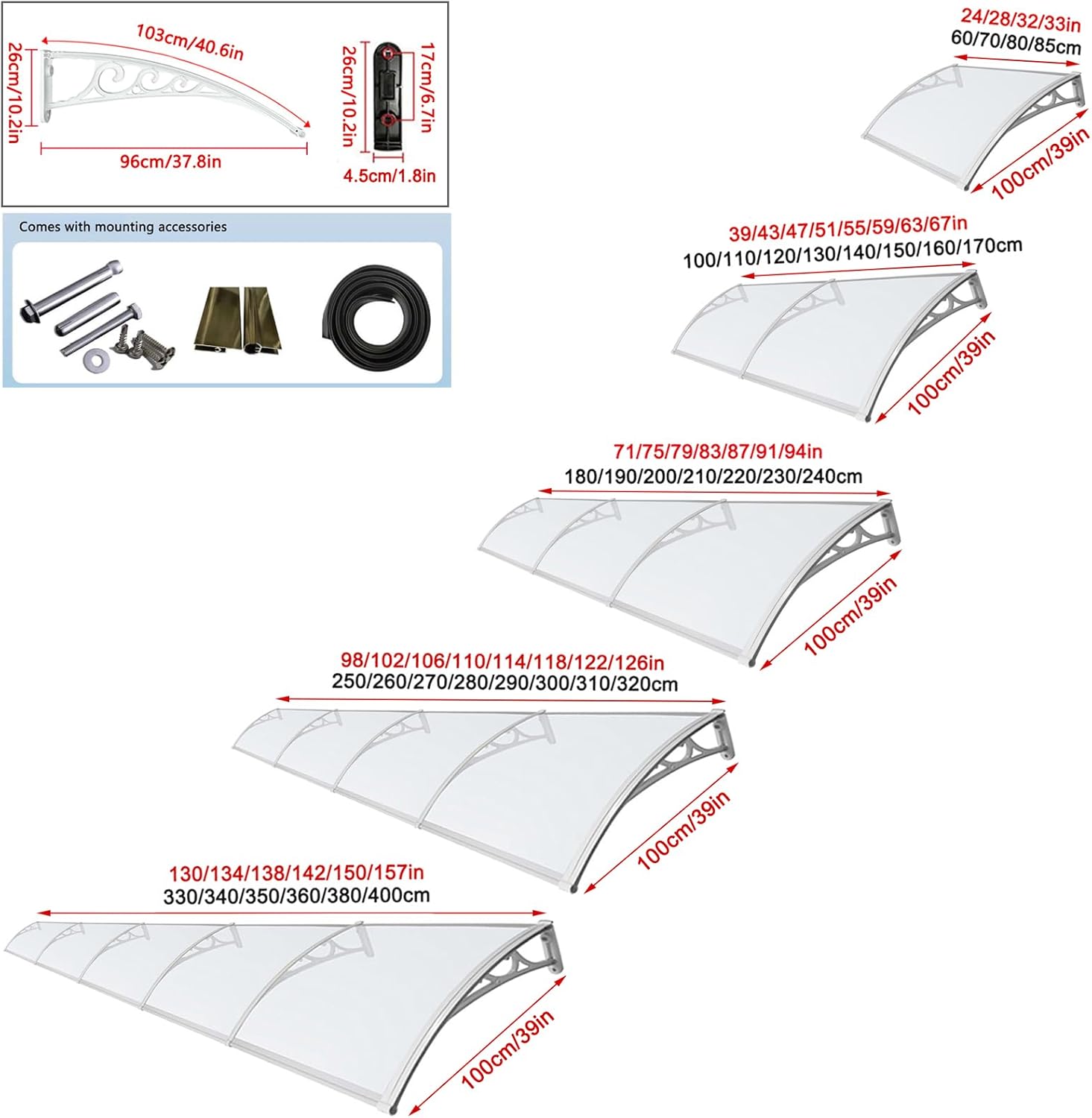 Transparent Window Awning Door Canopy,PC Porch Awning Shelter,Self Cleaning Window Rain Shelter,Door Window Canopy,UV Resistant Roofing Canopies,with Aluminium Bracket (100x350cm/39 x138)
