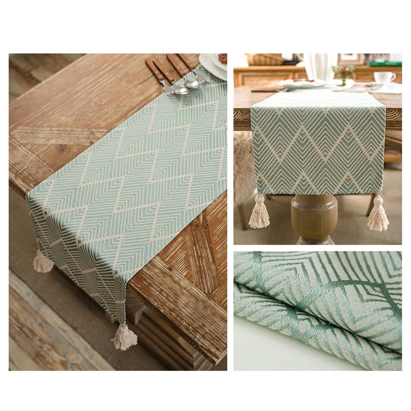 Tischläufer Hochzeit Polyester, Tischläufer Modern 33x270 cm, Grüner Leinenoptik mit Wellen-Jacquard