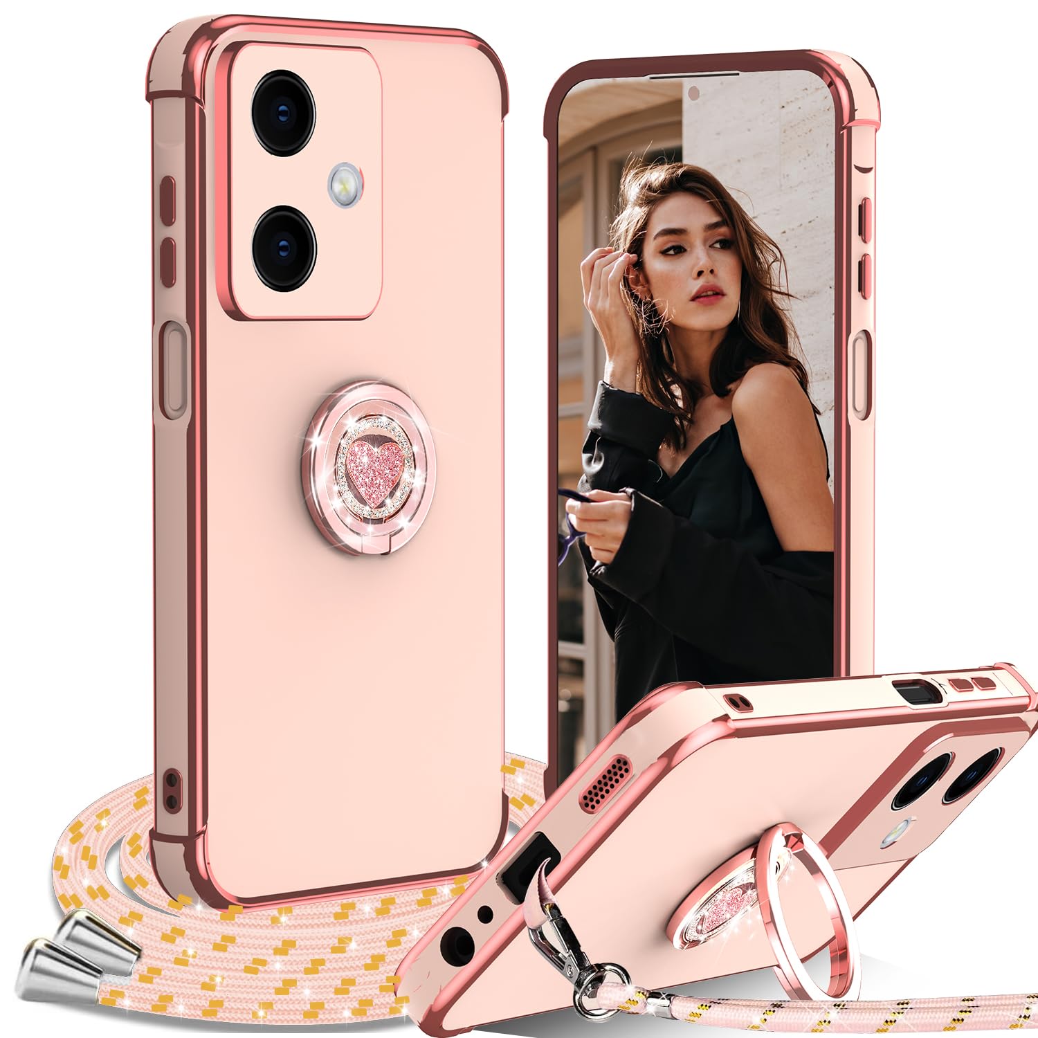 Coque Xiaomi Redmi Note 14 Pro Plus 5G Avec Support Anneau 360° Et Cordon - Étui Silicone TPU Anti-choc, Couleur Rose - Protection Complète Et Design Mignon - 11