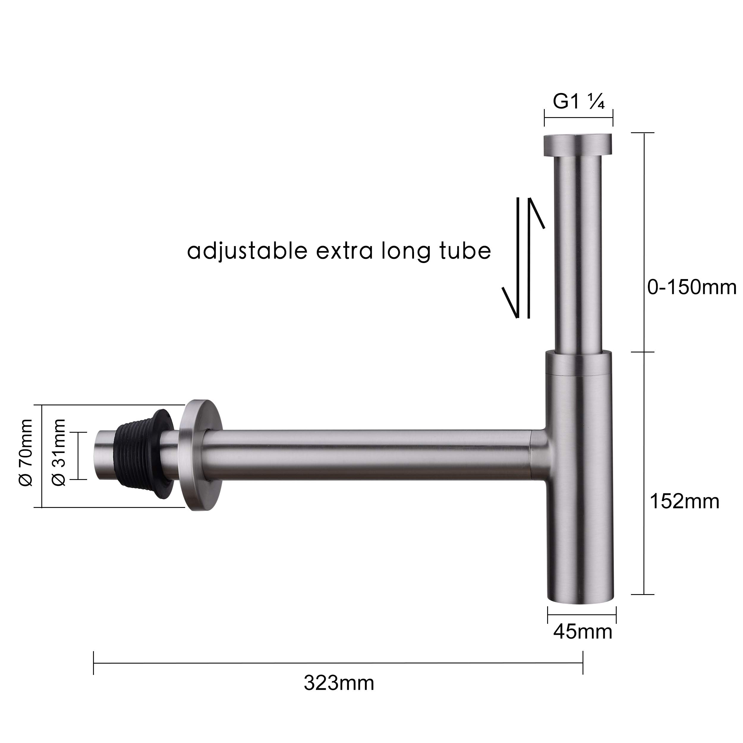 Orhemus All Brass Round Bottle P Trap, 1 1/4 Bathroom Basin Sink Waste Trap Drain Tube Kit Extra
