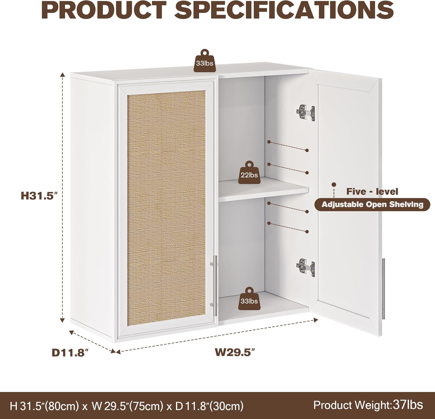 Furnaza Rattan Wall Storage Cabinets - 30" Wide Large Wall Amount Laundry Room Cabinets with Adjustable Shelf for Kitchen,Bathroom
