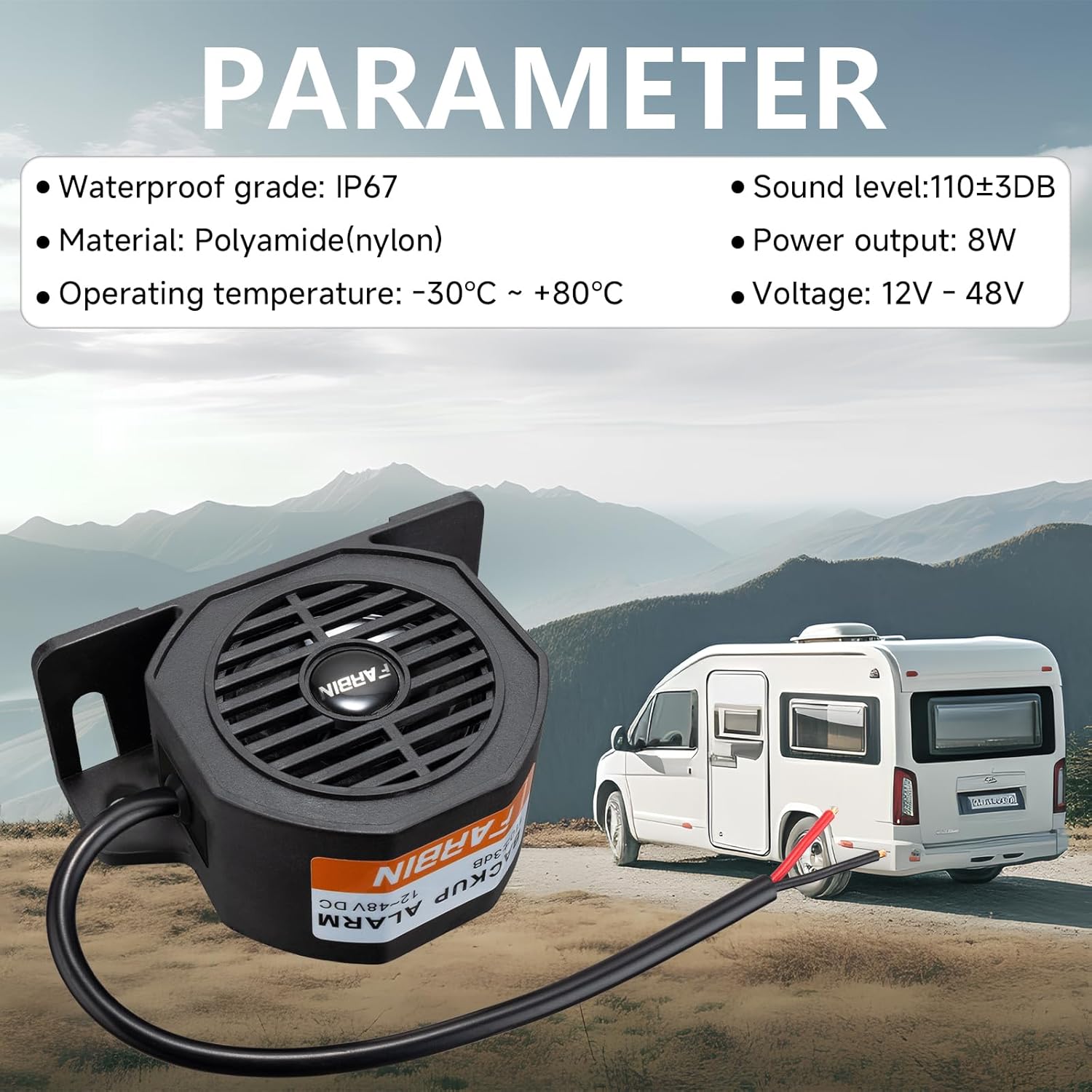FARBIN Truck Back up Alarm 110dB 12V-48V DC Car Reverse Alarm Horn Heavy-Duty Backup Warning Reversing Warning Alarms Waterproof Back Up Beeper (HT Equipped with Wire)
