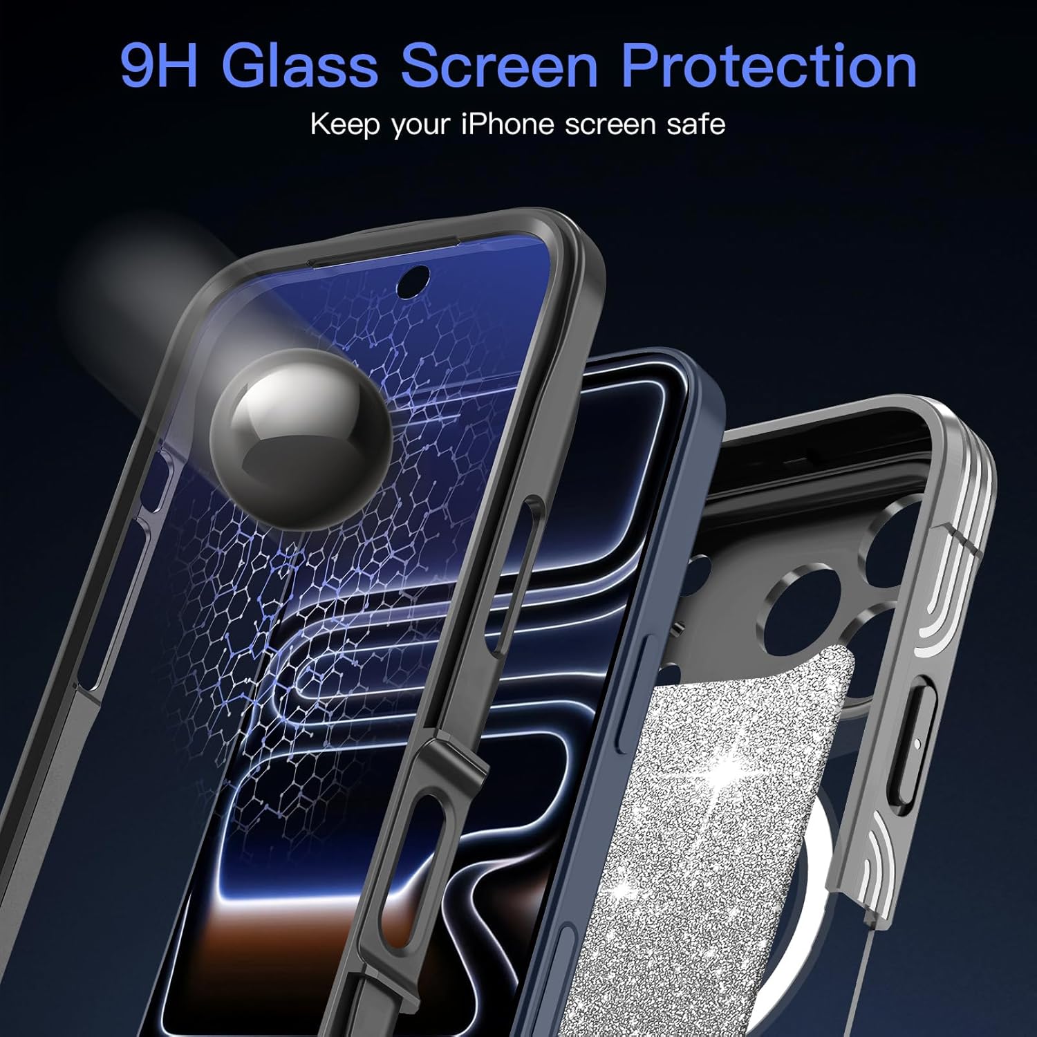 for iPhone 17 Pro Max Case,[Magnetic Stand][Fit for MagSafe][Glitter Card][Built-in 9H+ Screen Protector] Military-Grade Drop Proof Shiny Cover for Apple iPhone 17 Pro Max,Grey