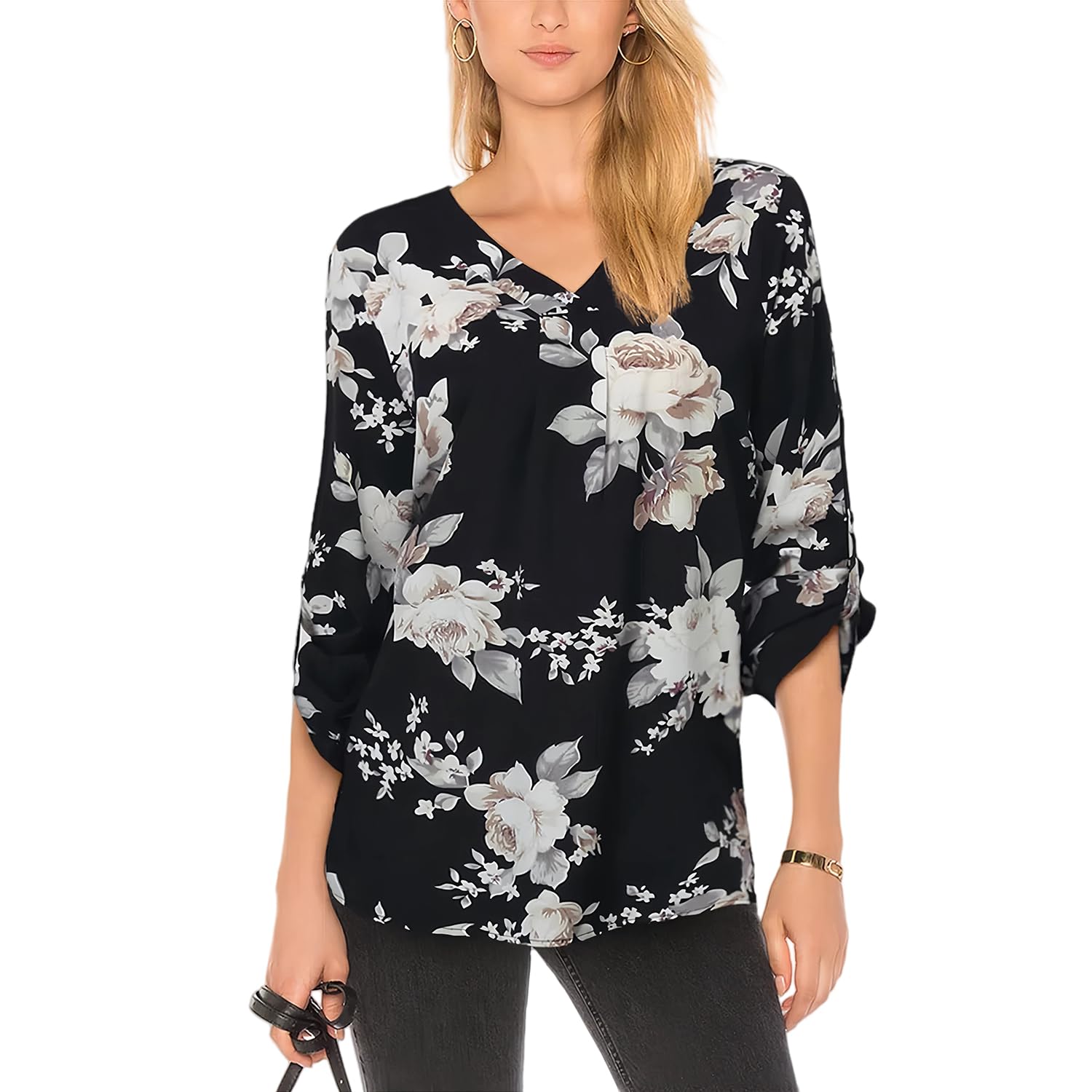 Youtalia Womens Blouses Dressy Casual Business Tops 3/4 Sleeve Chiffon V Neck Work Office Shirts