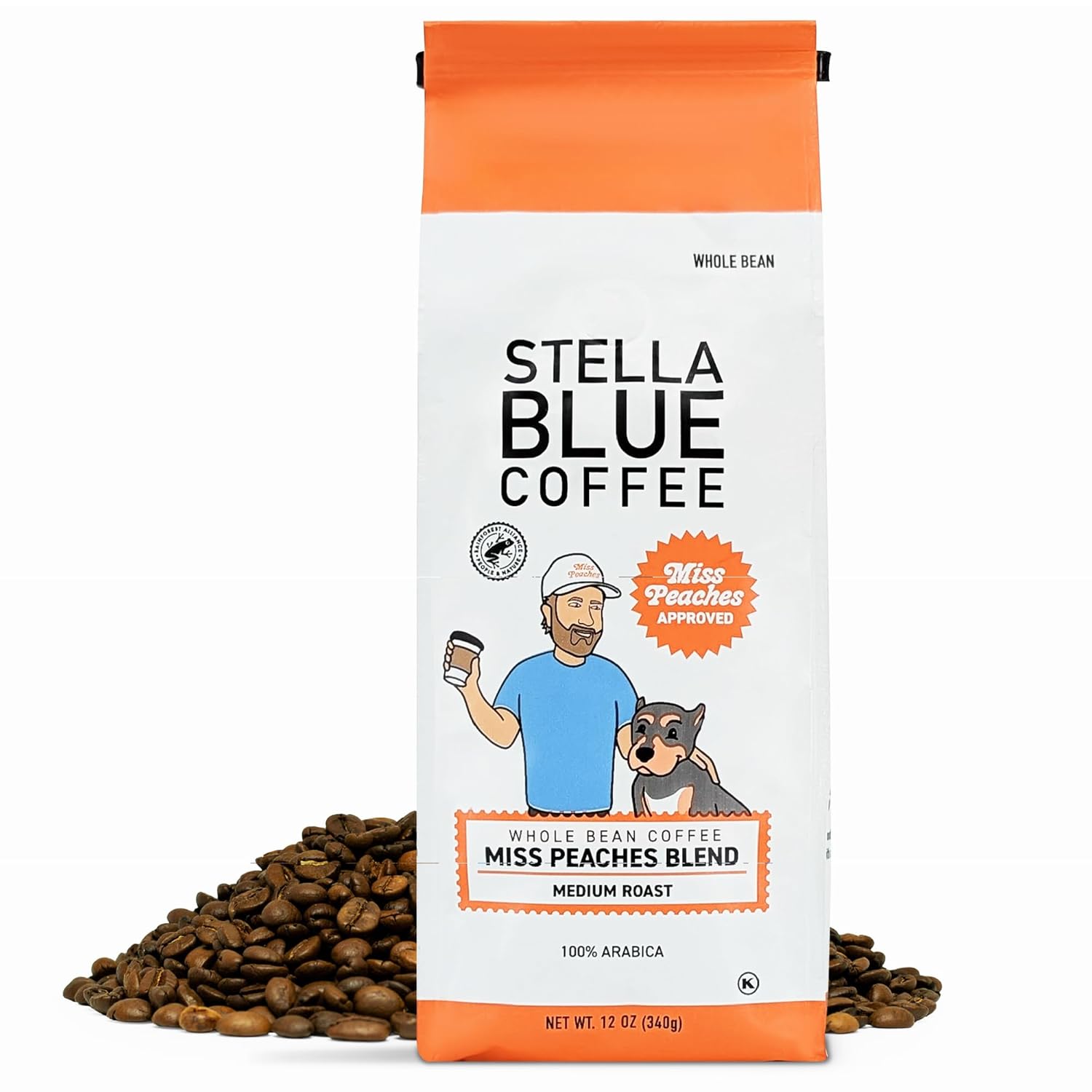 Stella Blue Whole Bean Coffee, Miss Peaches Blend, Medium Roast Citrus Caramel, Fruity Notes 100% Arabica Beans, Ethically Sourced from Central and South America, Smooth Balanced, 12oz Bag