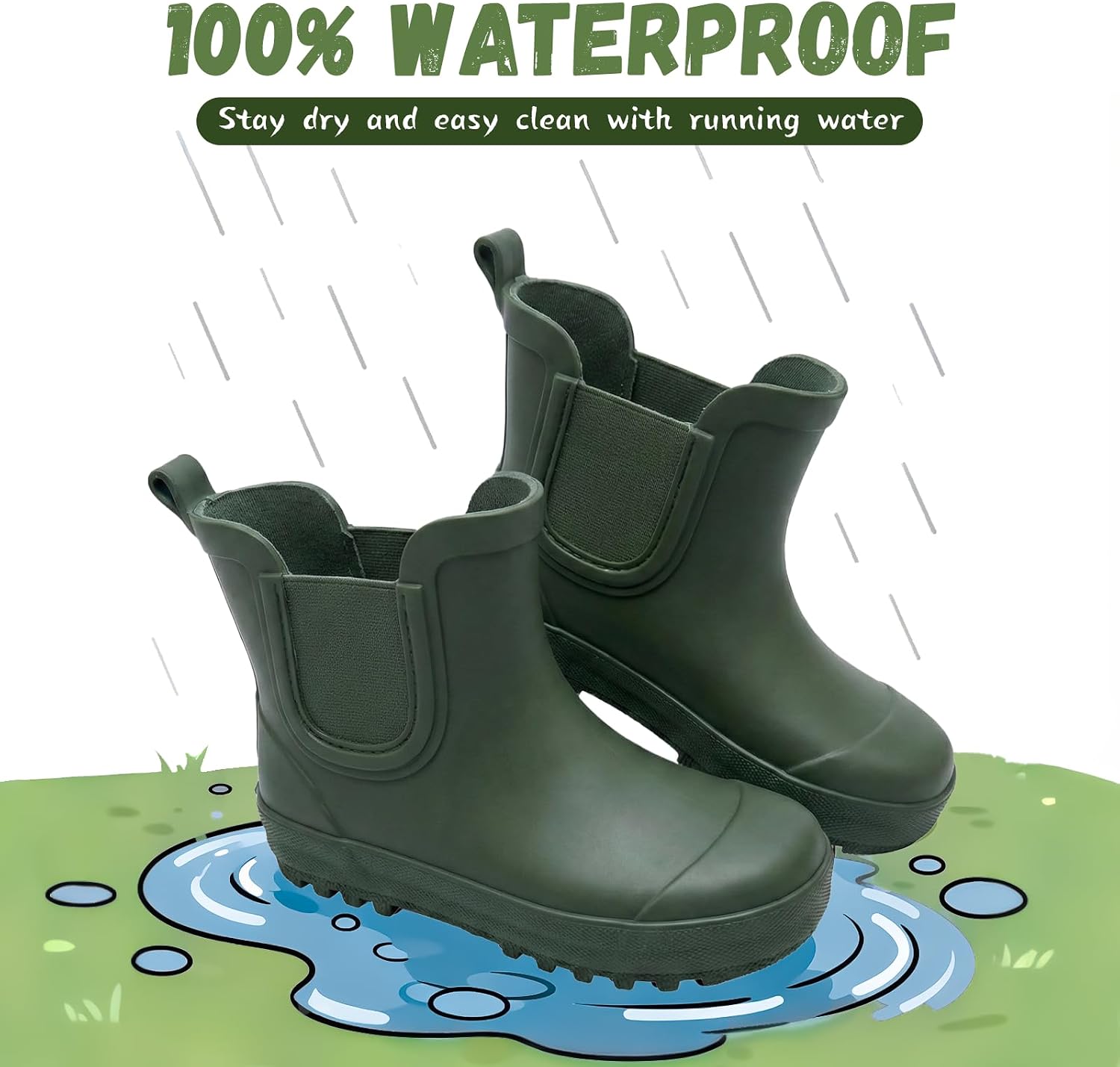 Toddler Kids Chelsea Rain Boots, Easy-on LightWeight Waterproof Rainboot for Boys and Girls
