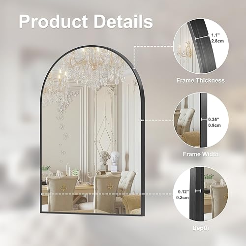 Miniatura 3 de Arcus Home Espejo negro arqueado de 30 x 40 pulgadas, espejo de baño con marco de hierro recubierto de polvo, espejos para pared, dormitorio,