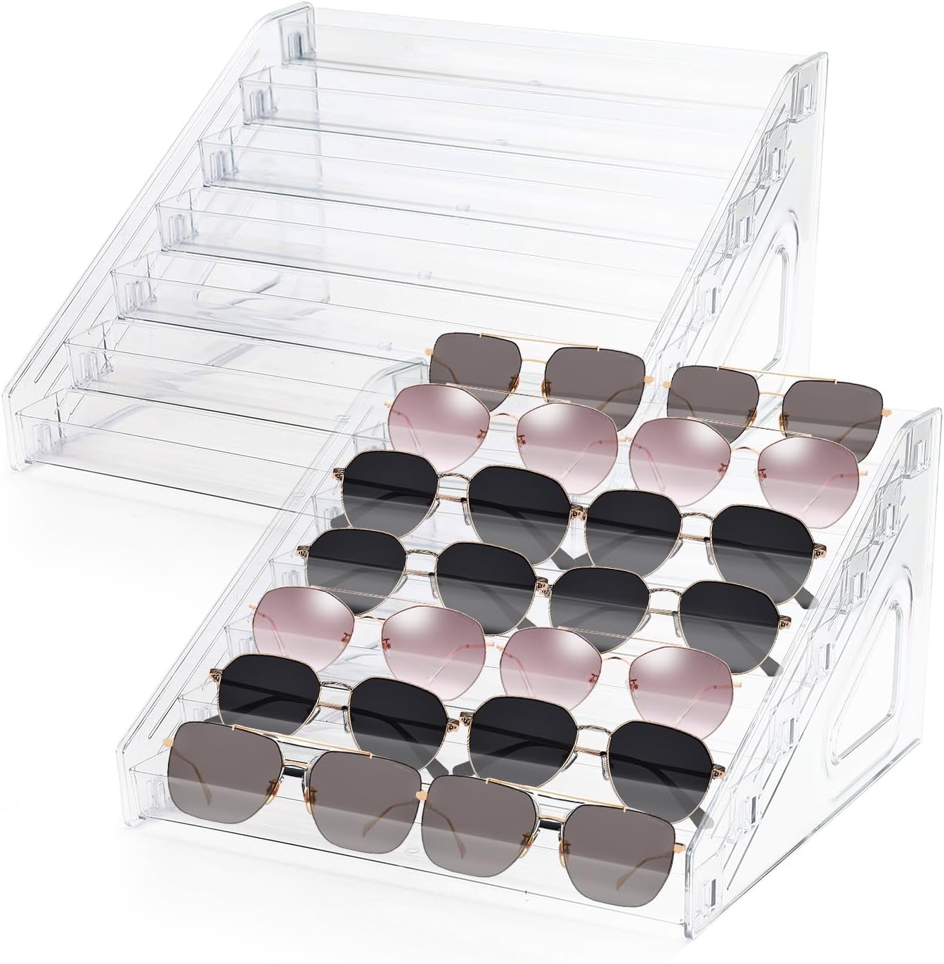2Pcs Premium Sunglass Organizer Stand,7 Tier Acrylic Holder for Glasses, Nail Polish Display Rack, Organizer for Organizing Sunglasses, Cosmetics, Nail Polish (2 Set)