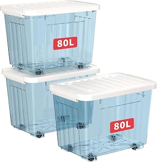 Cetomo 80L*3 Aufbewahrungsboxen, Rillen-verstärkte Kunststoffboxen mit Rollen & Deckeln, Stapelbare Aufbewahrungskiste, Ordnungsboxen für Zuhause und Büro, PP, Transparent Blau, 80L (3er Pack)