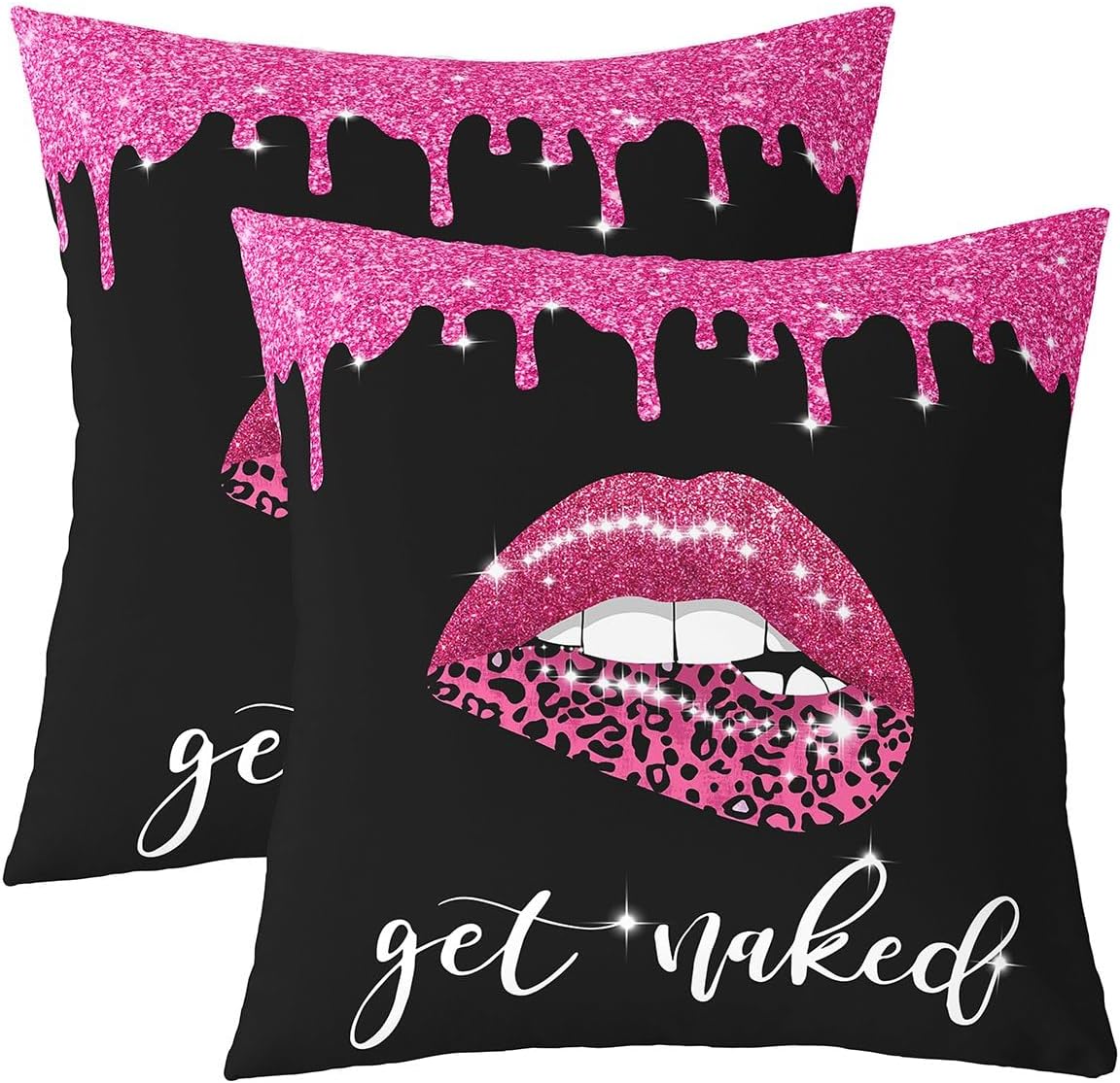 Feelyou Get Naked Throw Pillow Covers 22 x 22-Inch, Pink Leopard Sexy Lips Square Cushion Covers Set of 4 Boys Girls Teens Adults Teens Glitter Lips Pillow Covers Get Naked Cushion Covers Couch Sofa