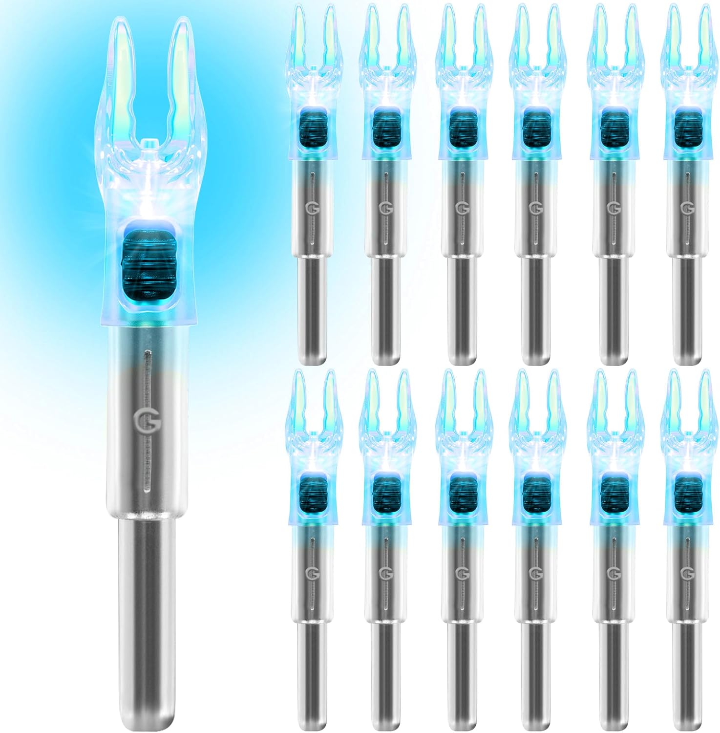 6/12 Pack G Lighted Nocks for Arrows with .165 .204 .233 .244 .246 Inside Diameter with X, H, S, GT Bushings High-Visibility LED Arrow Nocks, ON/Off Switch Included