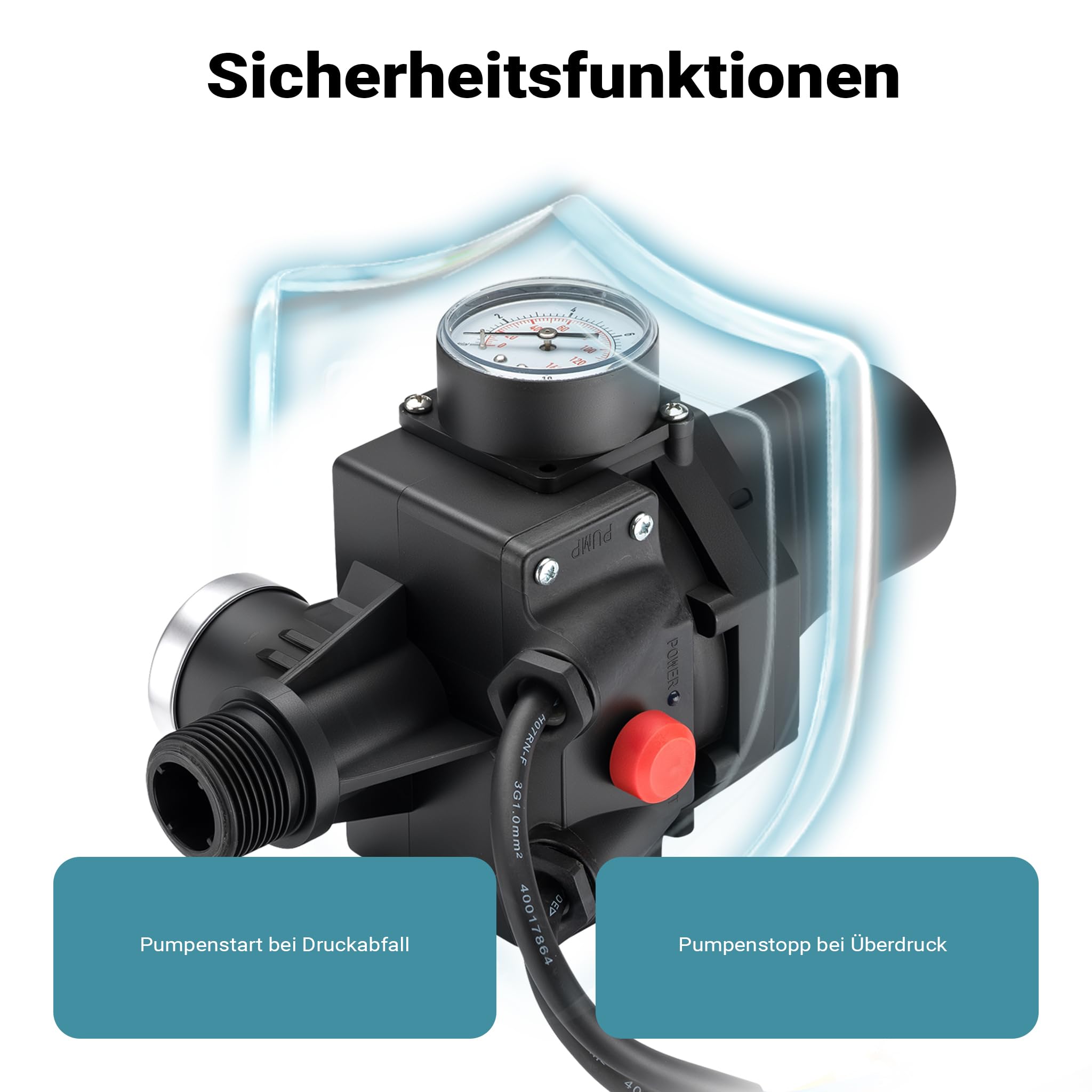 Wiltec Wyłącznik ciśnieniowy SKD-3 do hydroforów i pomp wody 230 V, ochrona przed suchobiegiem IP65, presostat do hydroforu z regulacją ciśnienia