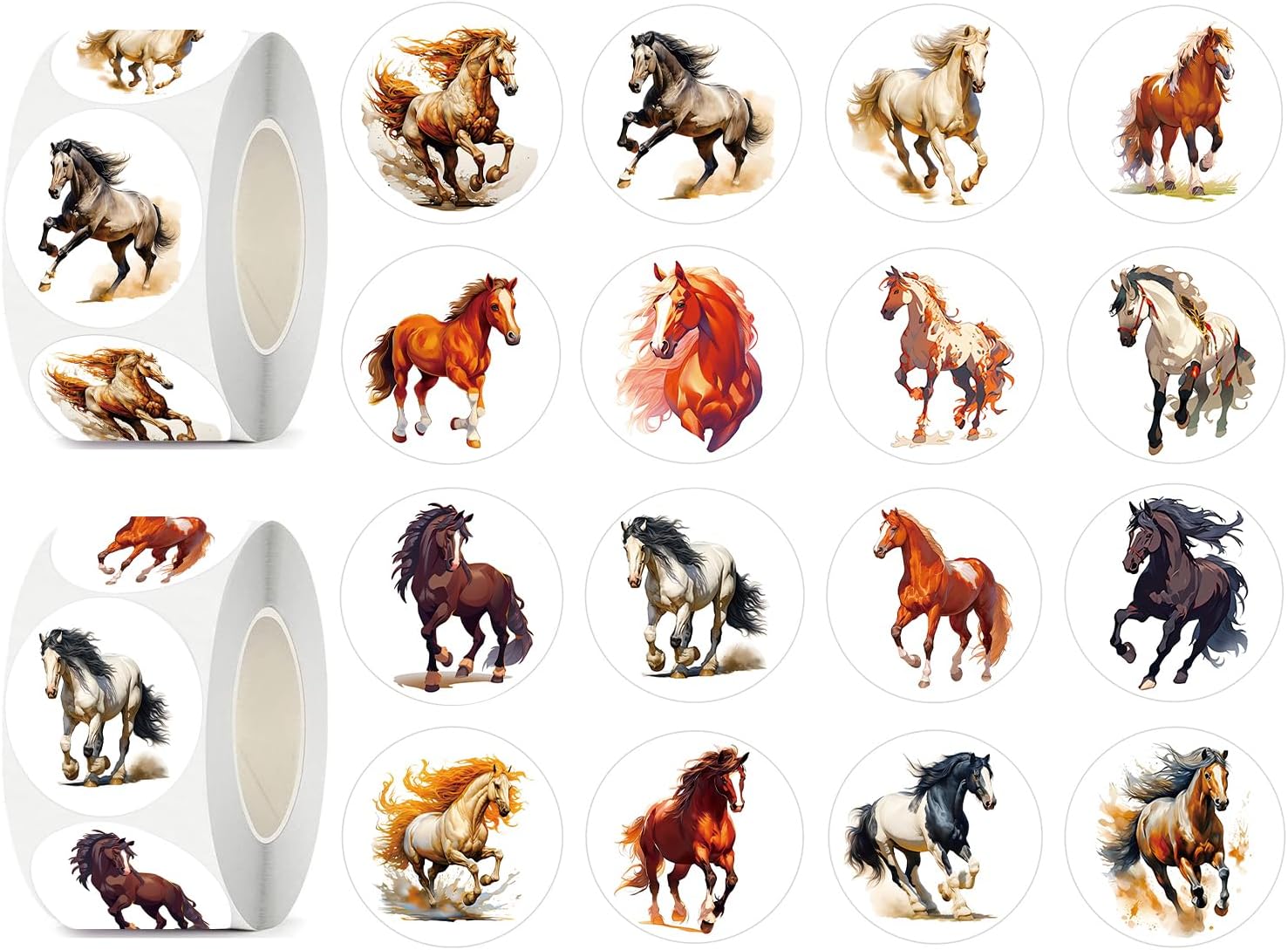 600 Pcs Horse Stickers for Kids- 1.5 Inch Round Stickers Roll 16 Tyles Horse Animal Kindergarten Stickers Teacher Sticker for Kids Birthday Party School Reward Giveaways