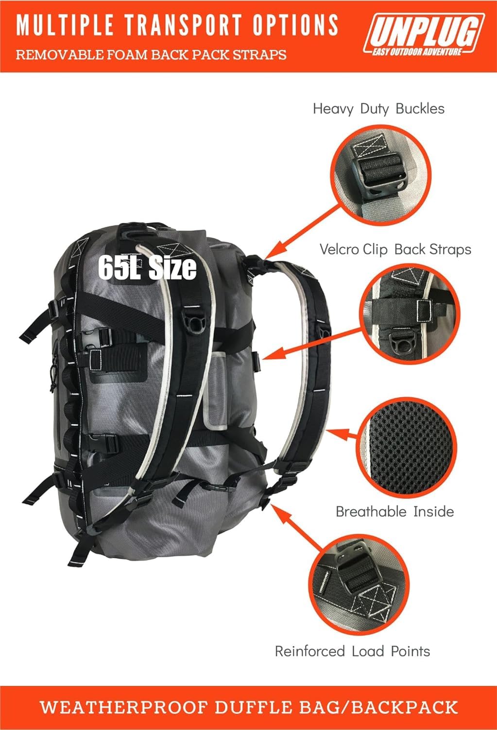 Unplug Reisetasche Damen groß, Sporttasche rucksackfunktion, Duffle Bag Herren, Reisetasche 100l 90l, Reisetasche mit rucksackfunktion, wasserdichte Taschen für Boote (65L Sturmgrau)