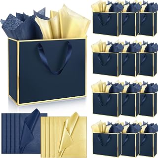ReliThick 12 Pack Paper Gift Bag with Handles & Tissue, Navy Blue, Gold