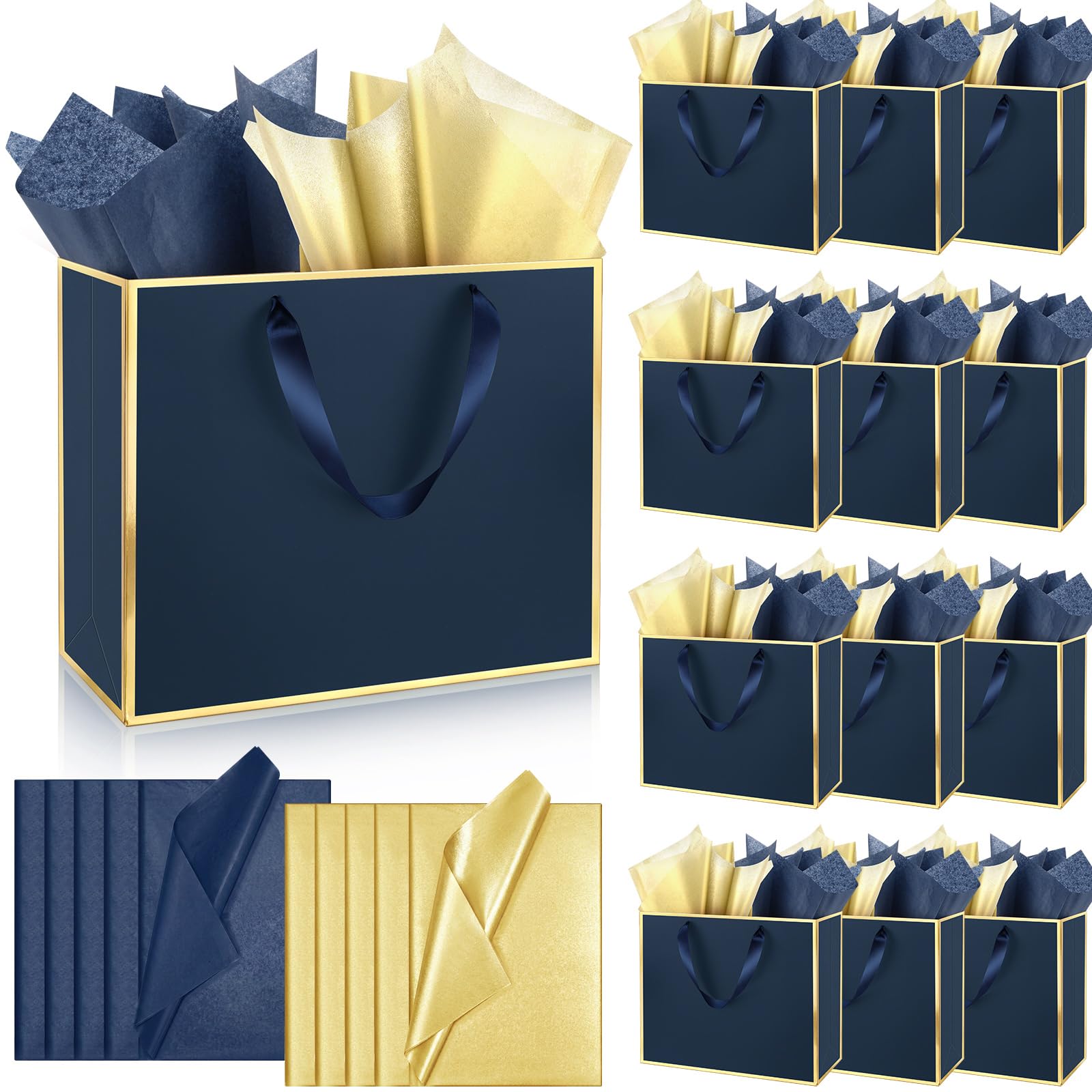 ReliThick 12 Pack Paper Gift Bag with Handles &amp; Tissue, Navy Blue, Gold