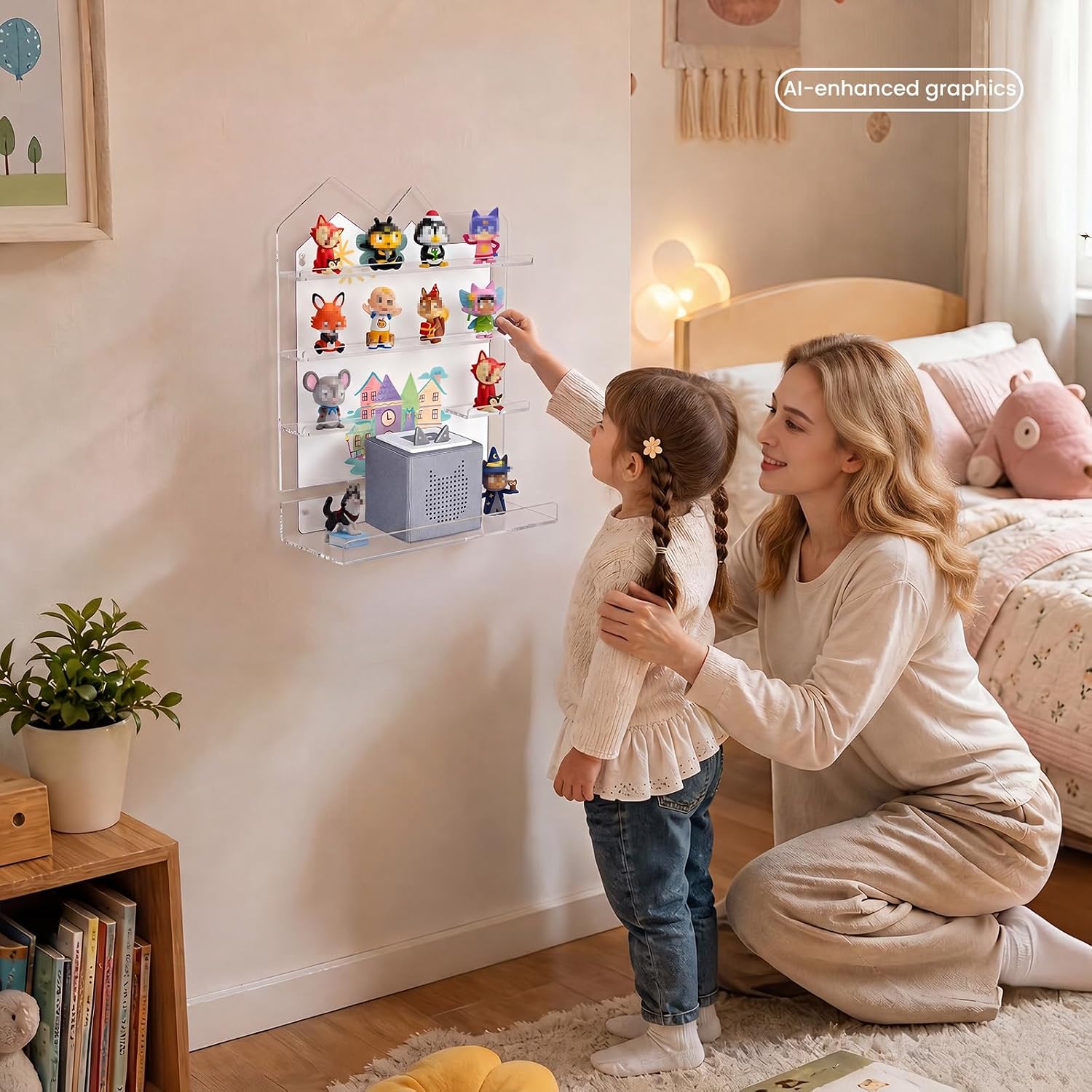 NIUBEE Tonies Shelf Non-Magnetic, Clear Acrylic Wall Mount Floating Shelf, Tonies Storage with Anti-Fall Lip and Charging Cable Hole for Toniebox,for Kids Bedroom Playroom Decor