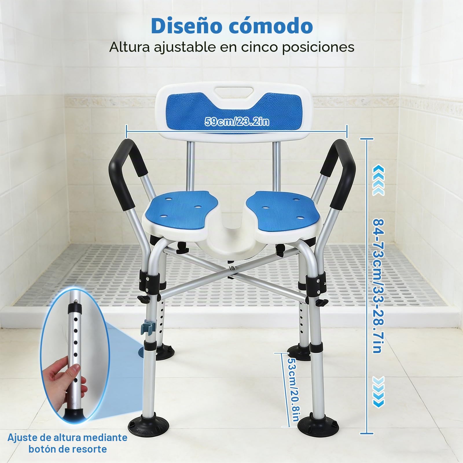 Silla de Ducha para Personas Mayores Silla de Ducha Plegable Reposabrazos y Respaldo Antideslizante, Altura Ajustable Capacidad de Carga de 150kg Silla de Baño con Diseño Cóncavo 3D