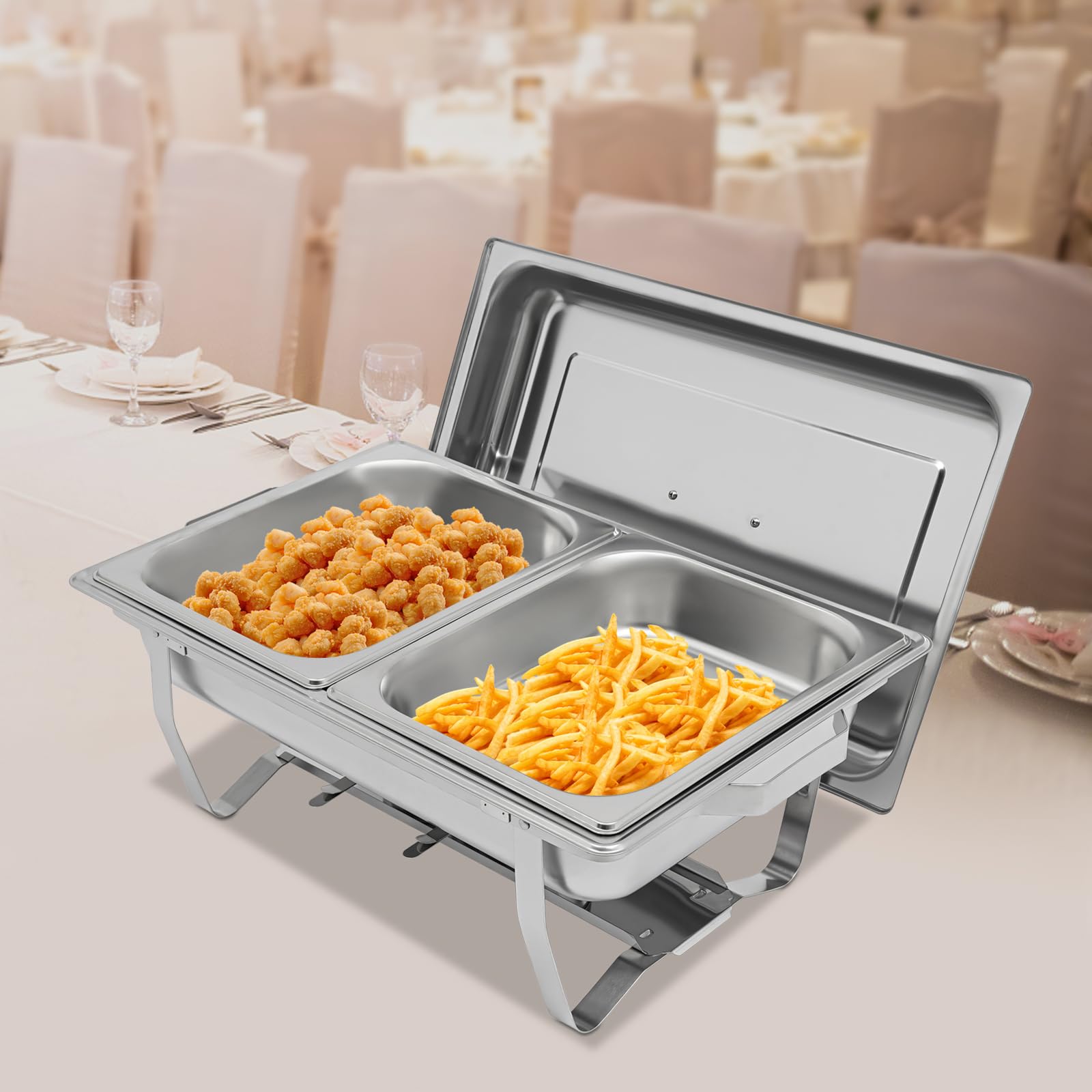 Chafing Dish Set scalda buffet, 6 l, in acciaio inox, con 2 contenitori, scalda buffet rettangolari per catering, feste, matrimoni, ristorante, struttura e supporto per combustibile inclusi