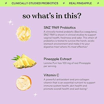 Lemme Purr Vaginal Probiotic Gummies for Women - Balanced pH, Healthy Odor, Yeast Balance & Flora Support + Vitamin C for Immune Health - Tasty Pineapple (60 Count)