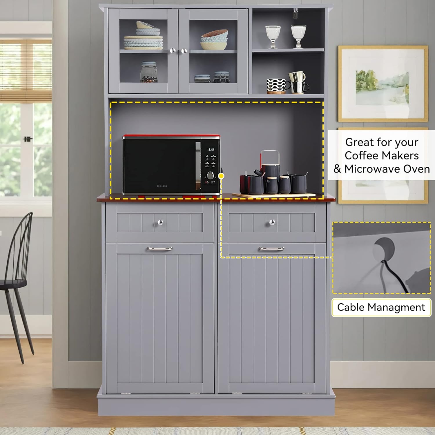 68.4" Kitchen Pantry Storage Cabinet, Freestanding Cupboard with Shelf, 2 Drawers and 1 Tilt Out Trash Cabinet, Tall Cabinets for Kitchen, Dinning Room, Living Room (Double-Tilt Out, Cream Grey)
