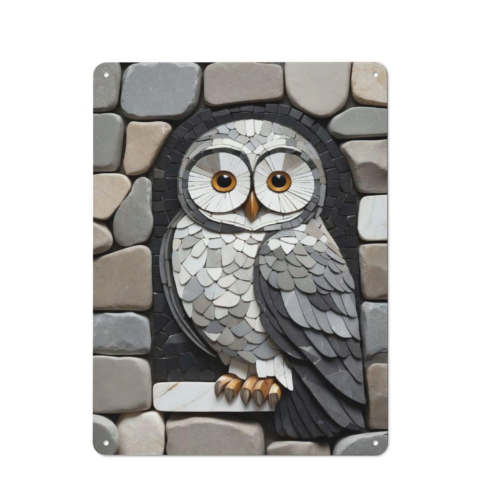 Junmoney Style-14 Tin Wall Plaque 40X30cm With Stone Mosaic Owl For Garage Wall, With Clear Vintage Wall Decor Character