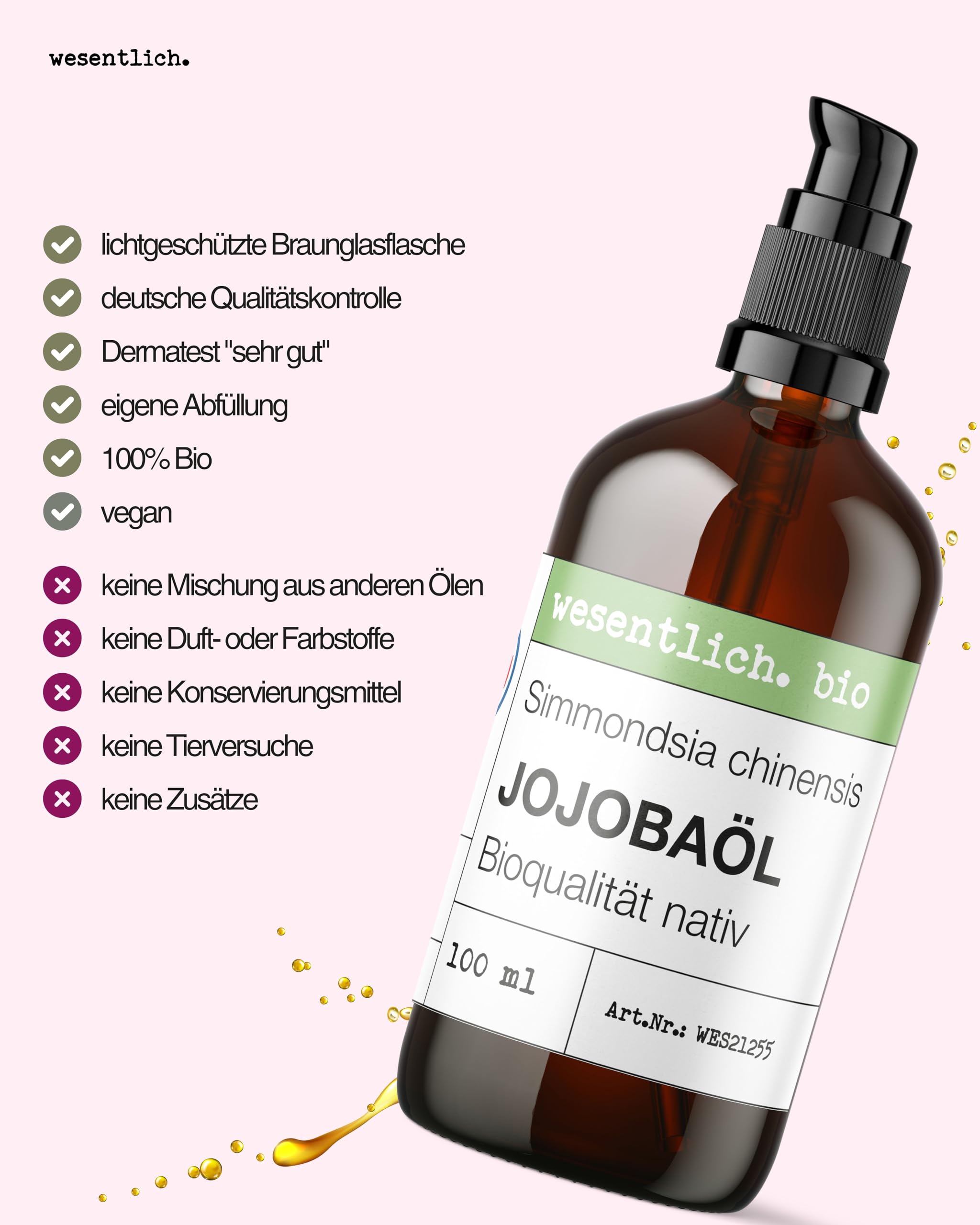 wesentlich. Bio olejek jojoba tłoczony na zimno | 100% czysty i naturalny | czysta pielęgnacja i oczyszczanie twarzy, skóry i włosów | butelka z brązowego szkła 100 ml