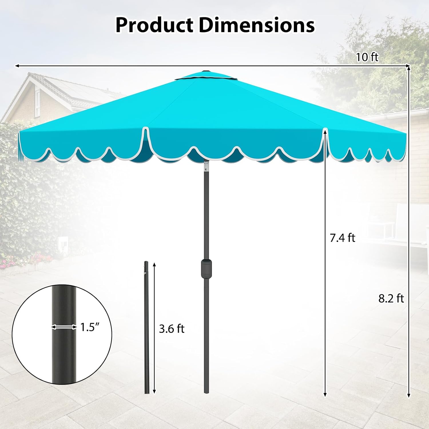 HAPPYGRILL 10 FT Patio Umbrella, Market Table Umbrella w/Crank, Push Button Tilt, Ruffled Edges, Vented Top & 8 Ribs, Outdoor Sun Shade for Poolside Backyard Beach