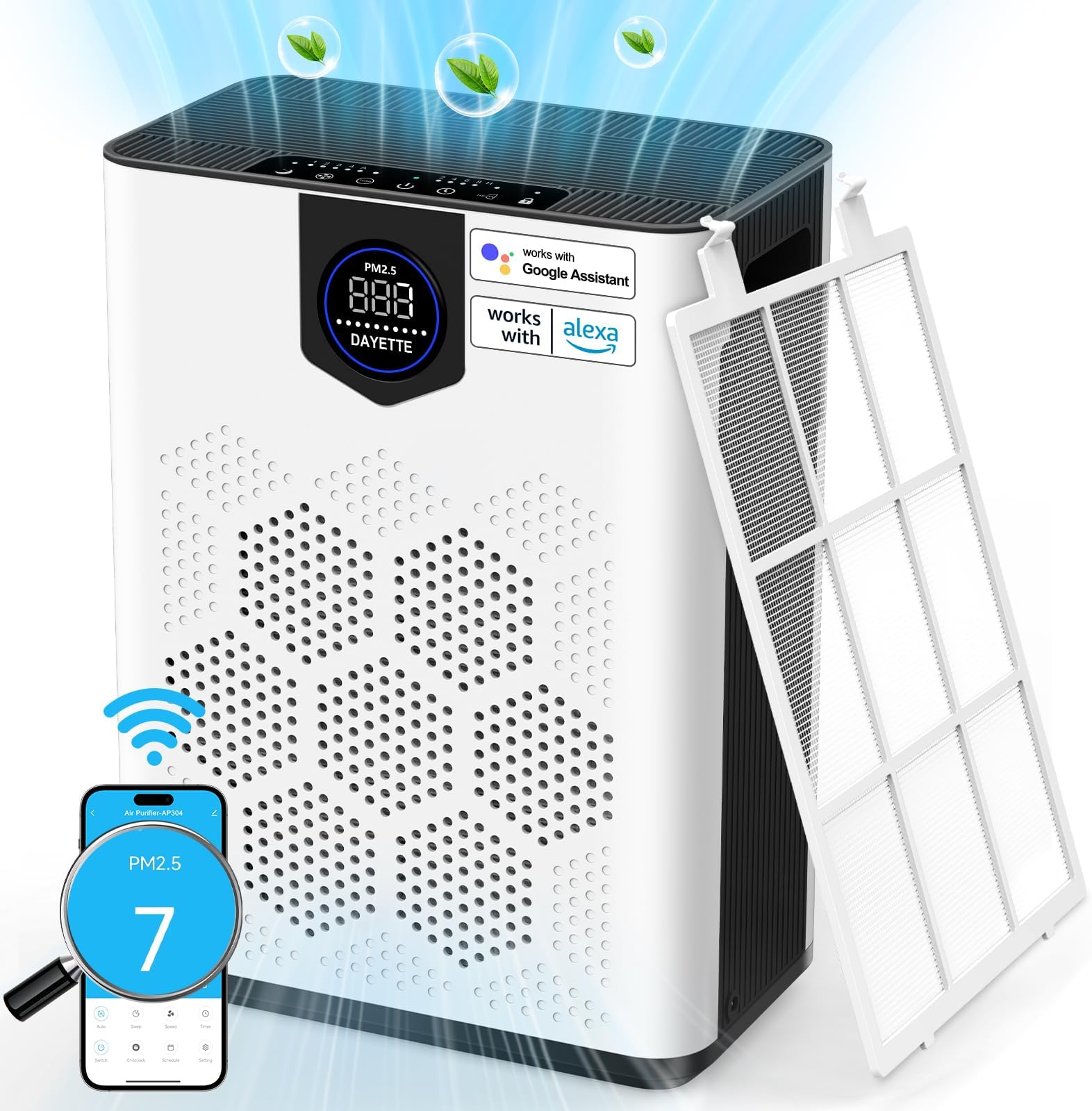 DAYETTE H14 Air Purifiers for Home Large Room Up to 3000 Ft², Smart Wifi with Washable Filters, Air Quality Monitor, 4 Fan & 22 dB Sleep Mode for Bedroom Living Room