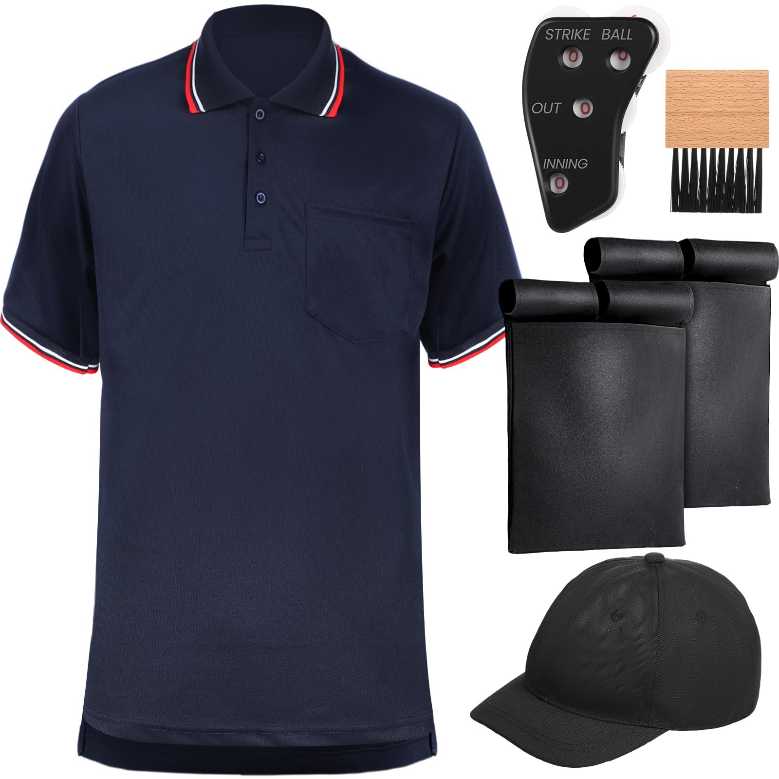 ShinyMatch 6 Pcs Baseball/Softball Umpire Accessories Set Including Umpire Shirt Hat Indicator Brush Ball Bag for Men Referee