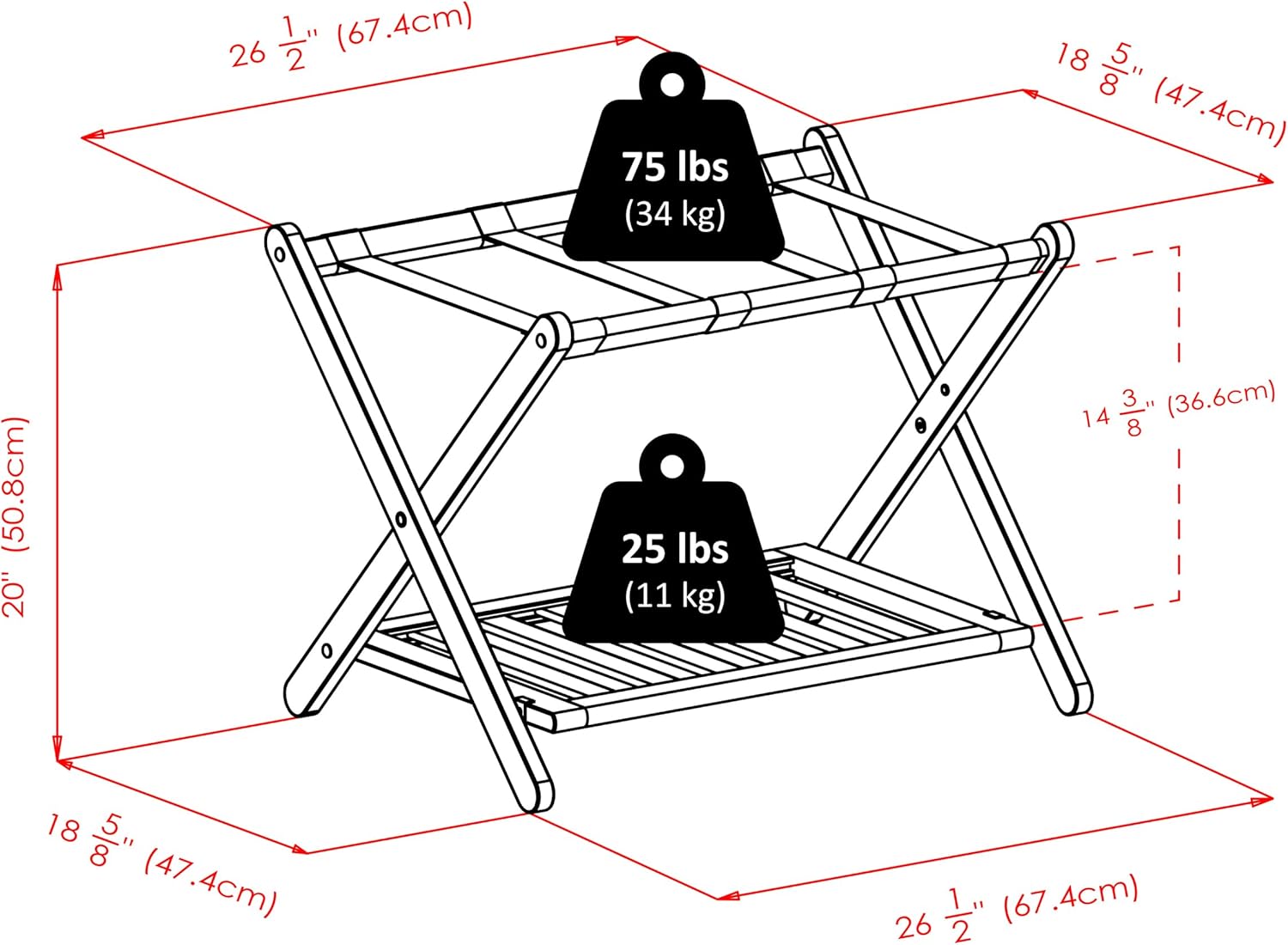 Winsome Reese Luggage Rack with Storage Shelf, for Guest Room, Bedroom, Foldable, No Assembly, Espresso