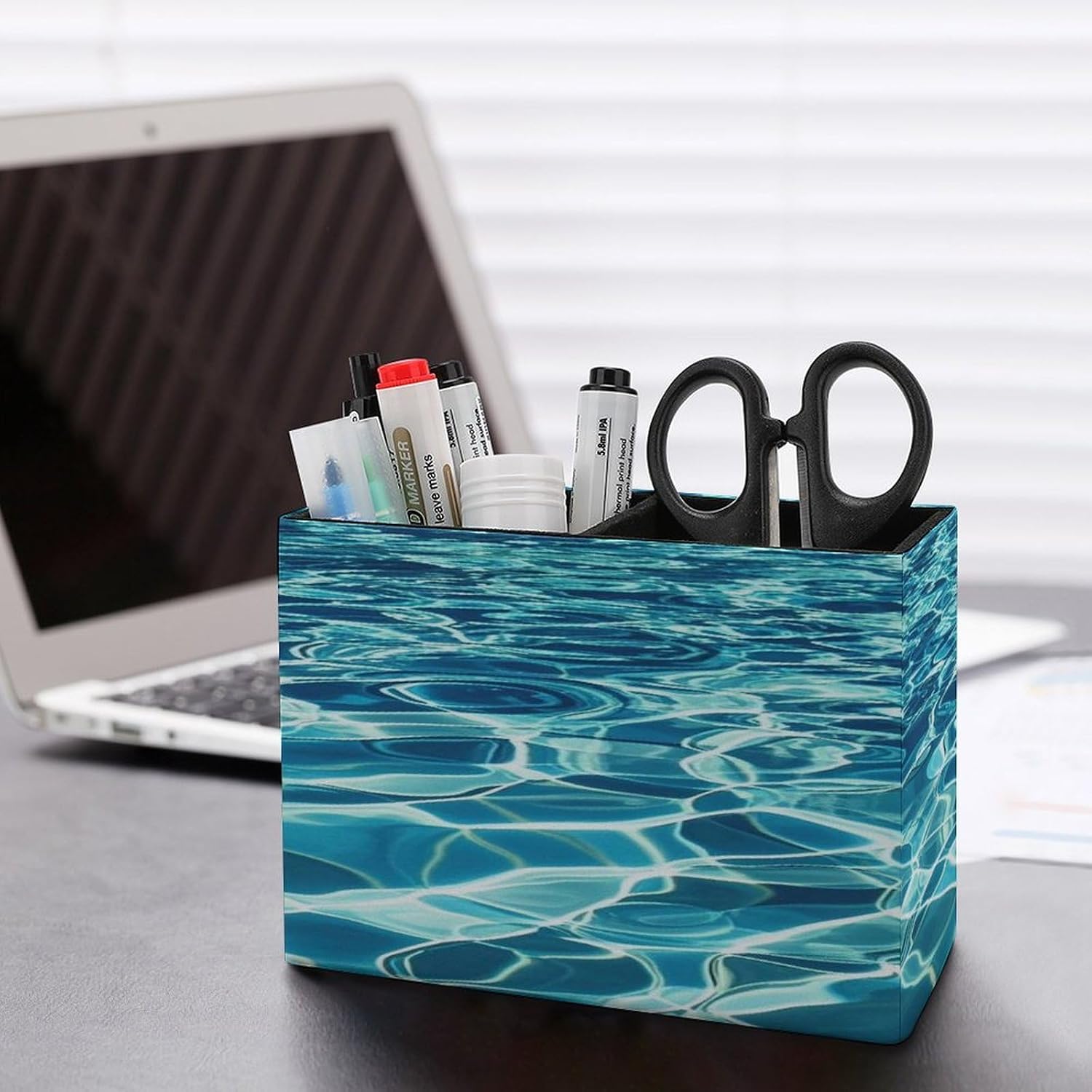 Blue Aqua Pool Water Pen Holders for Desk Small Remote Control Holder Leather Pencil Cup with Double Compartments Desktop Organizer for Table Desk Office Space Saving image 5