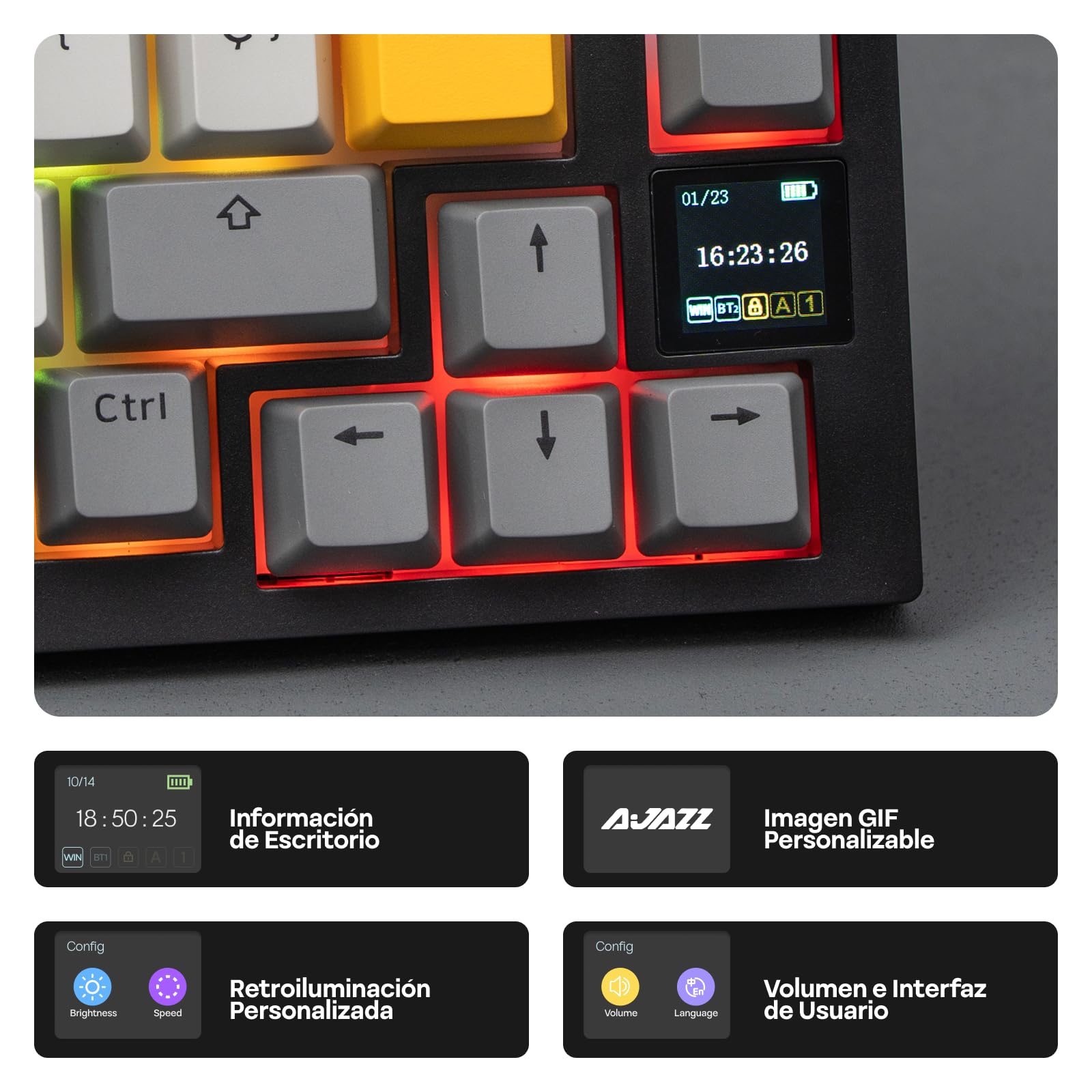 EPOMAKER Ajazz AK820 Pro ISO-ES Teclado Mecánico Inalámbrico, con Pantalla & Perilla, 2.4G/BT/USB, Iluminación RGB, Software Personalizado, Teclado Gaming de 75% Distribución Española para PC/Mac - 4