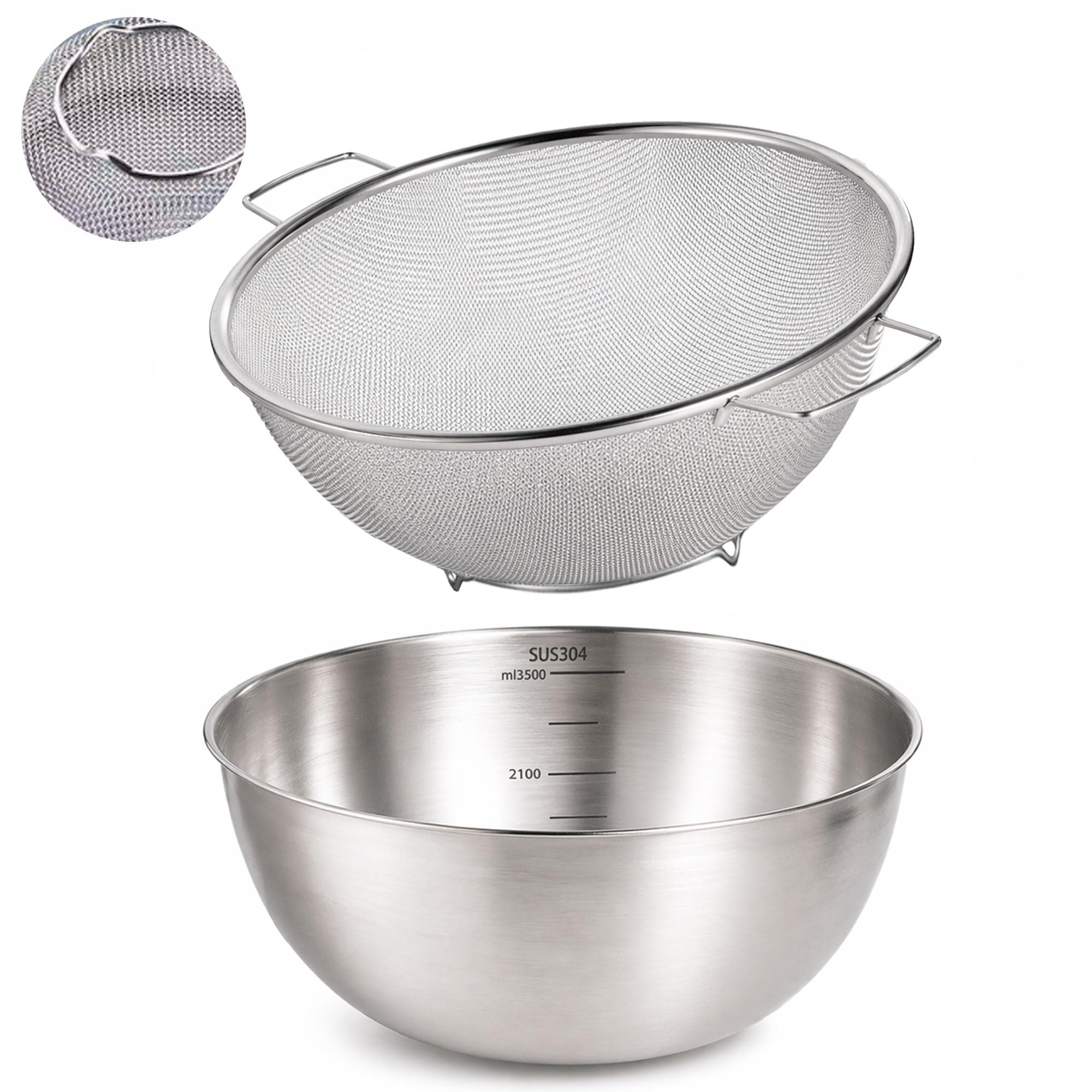 Mikroporöses Sieb, 304 Edelstahl, 3,5 l, großes Fassungsvermögen, mit Rührschüssel, zum Waschen von Gemüse, Obst und Reis und zum Abtropfen von gekochten Nudeln (2 Stück) (wahre Farben)